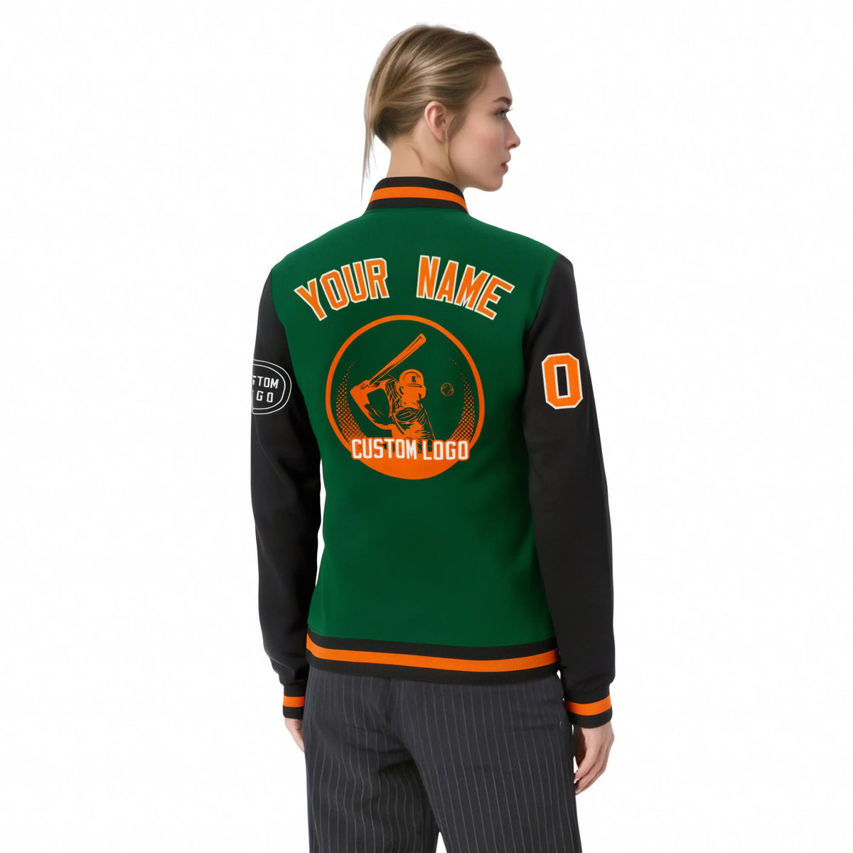 Custom Green Black Bomber Full-Snap Varsity Letterman Two Tone Jacket