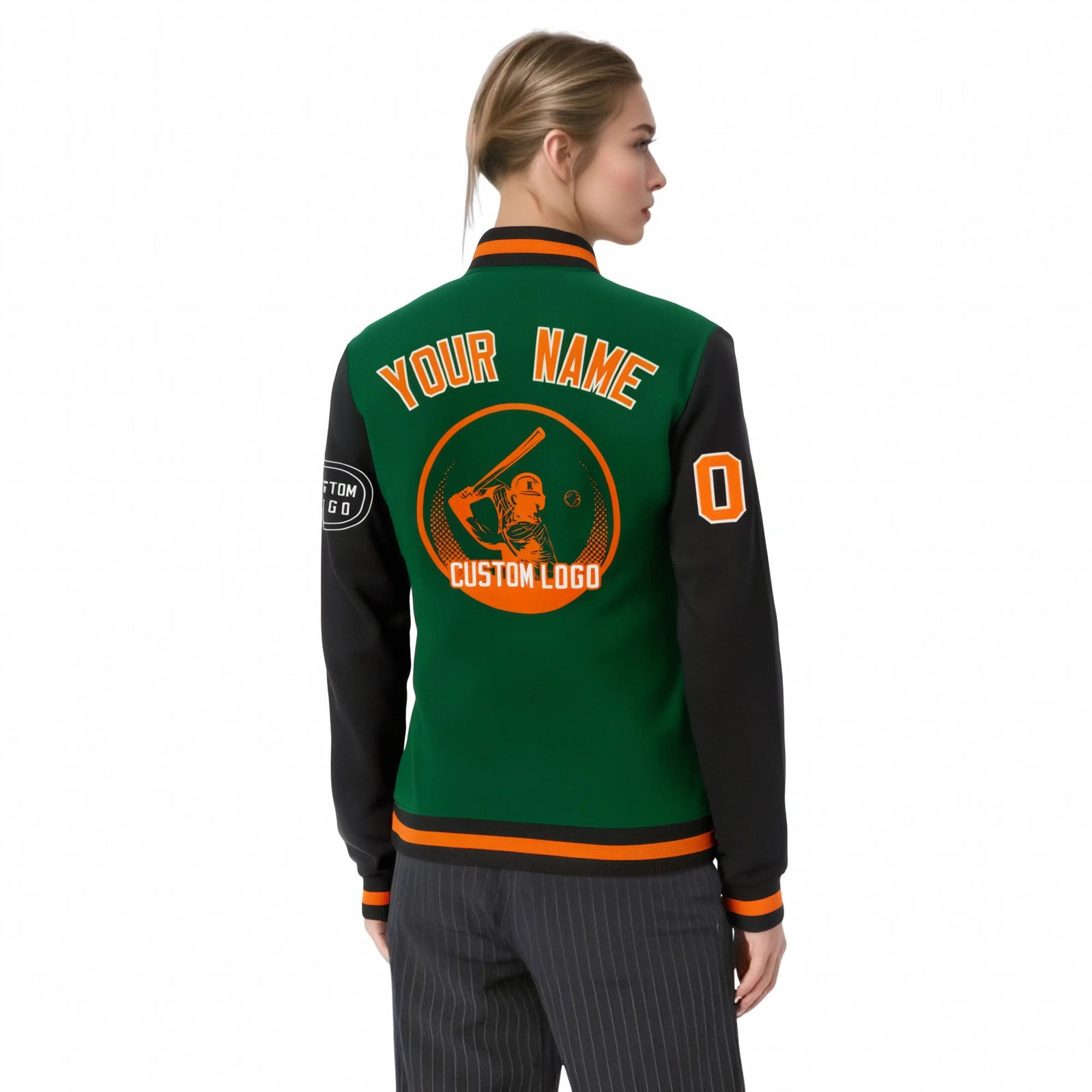 Custom Green Black Bomber Full-Snap Varsity Letterman Two Tone Jacket