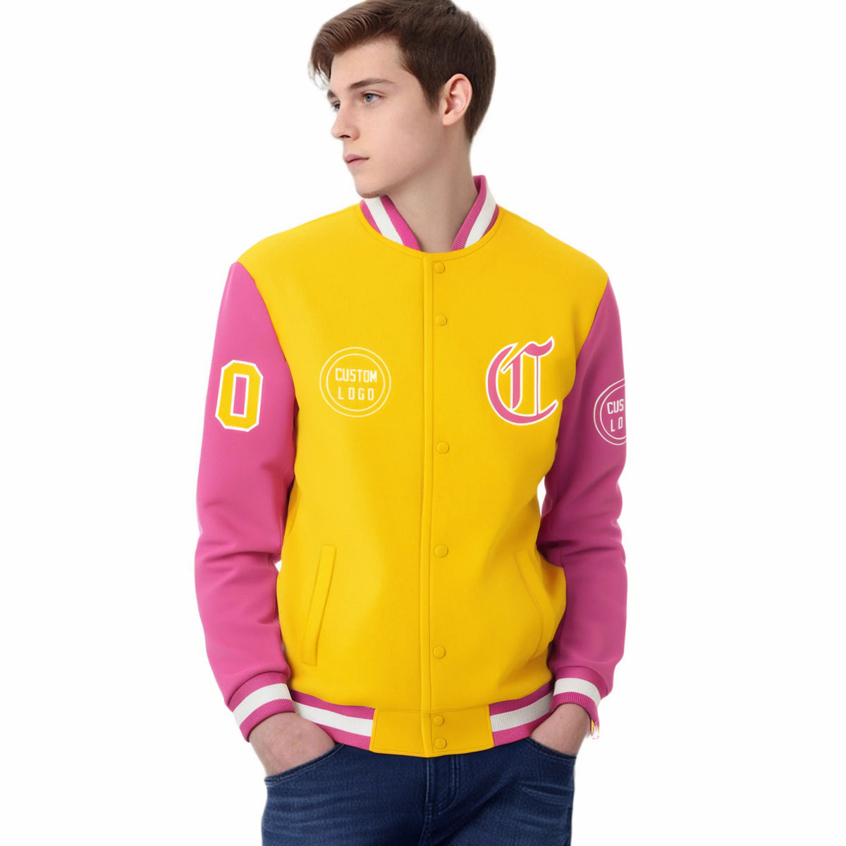 Custom Gold-1 Pink Bomber Full-Snap Varsity Letterman Two Tone Jacket