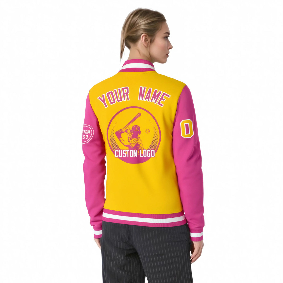 Custom Gold-1 Pink Bomber Full-Snap Varsity Letterman Two Tone Jacket