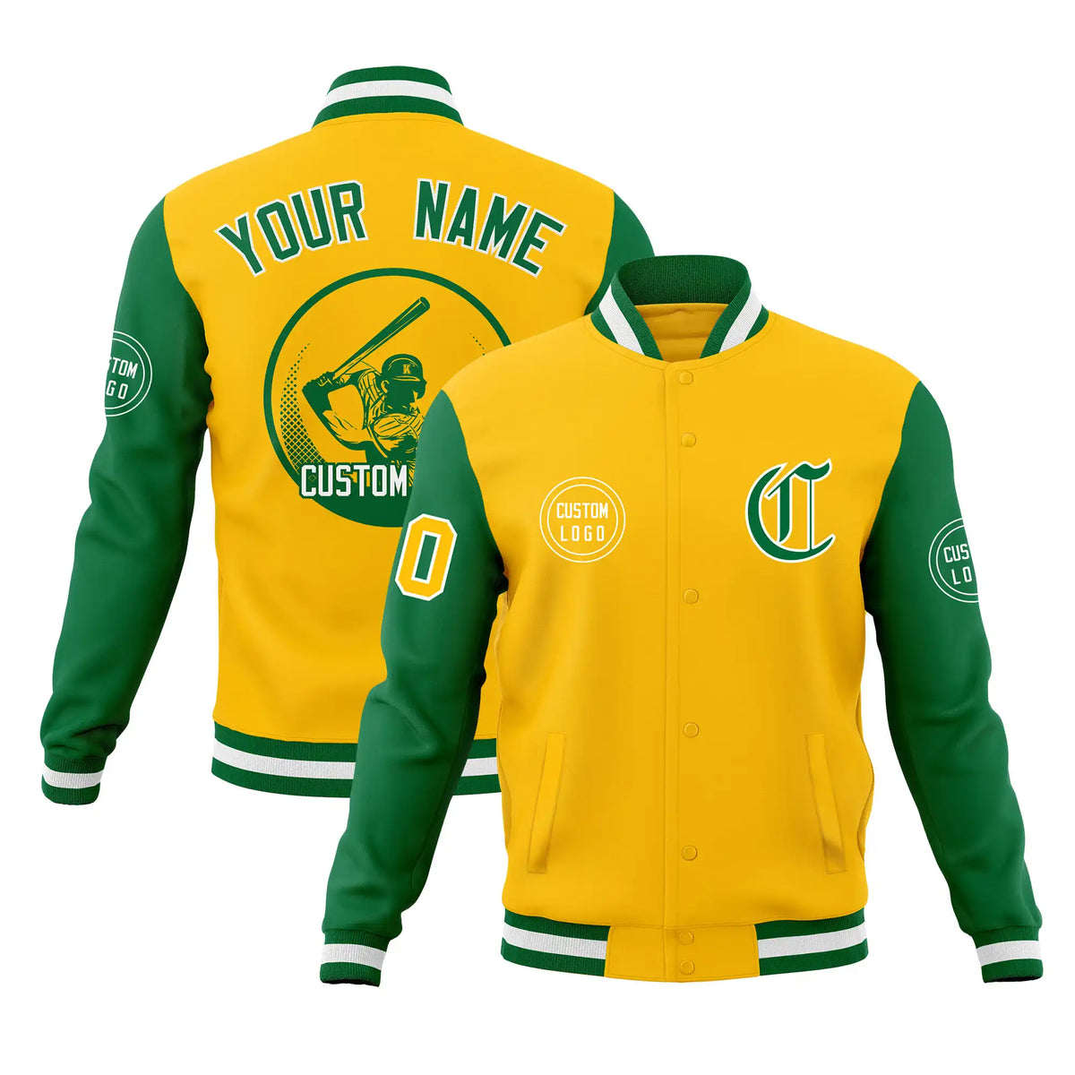 Custom Gold-1 Kelly Green Bomber Full-Snap Varsity Letterman Two Tone Jacket