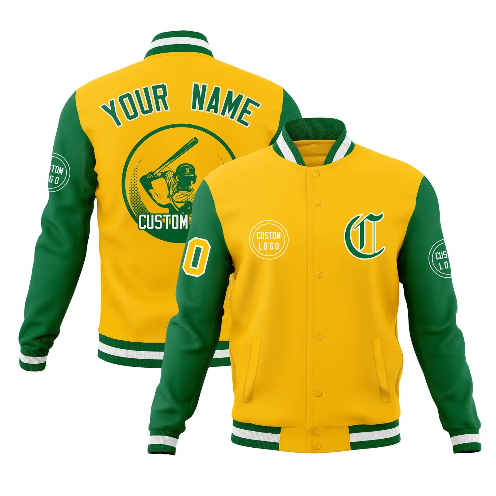 Custom Gold-1 Kelly Green Bomber Full-Snap Varsity Letterman Two Tone Jacket