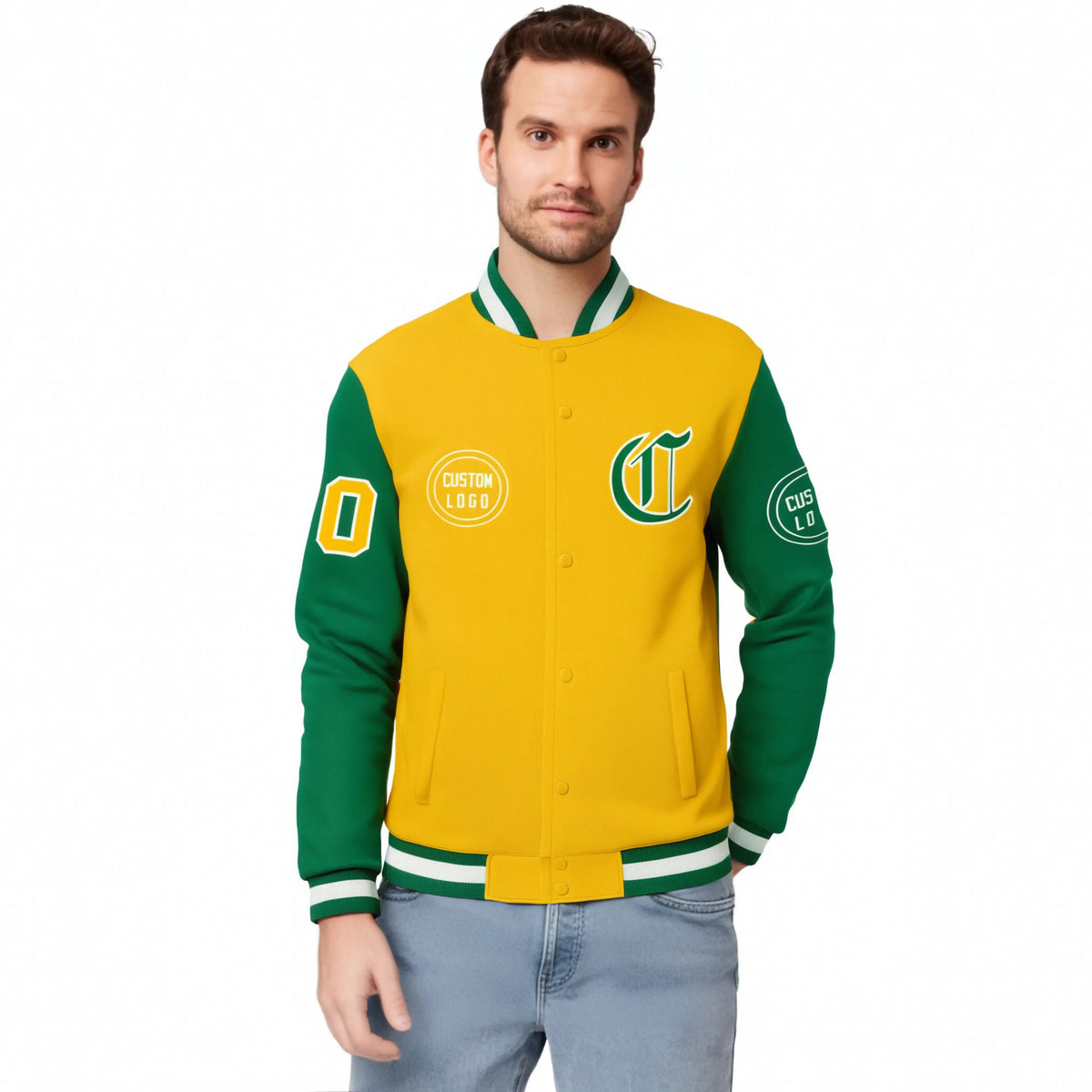Custom Gold-1 Kelly Green Bomber Full-Snap Varsity Letterman Two Tone Jacket
