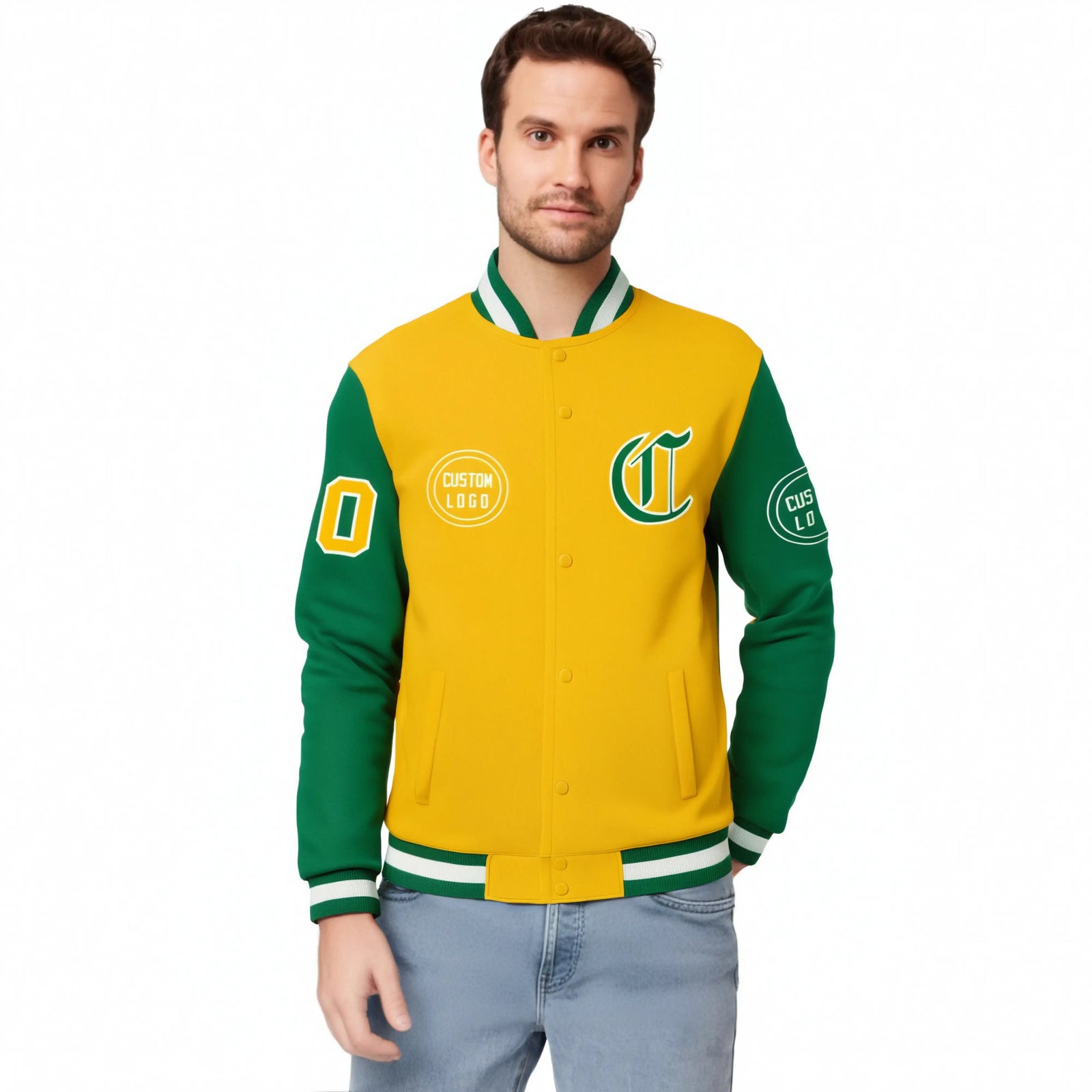 Custom Gold-1 Kelly Green Bomber Full-Snap Varsity Letterman Two Tone Jacket