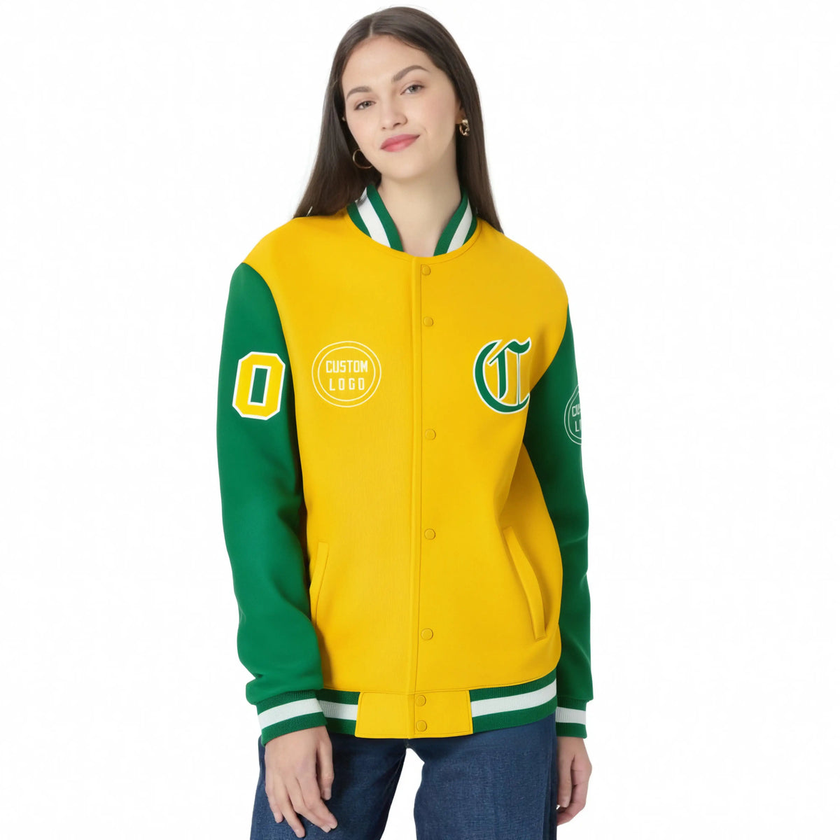 Custom Gold-1 Kelly Green Bomber Full-Snap Varsity Letterman Two Tone Jacket