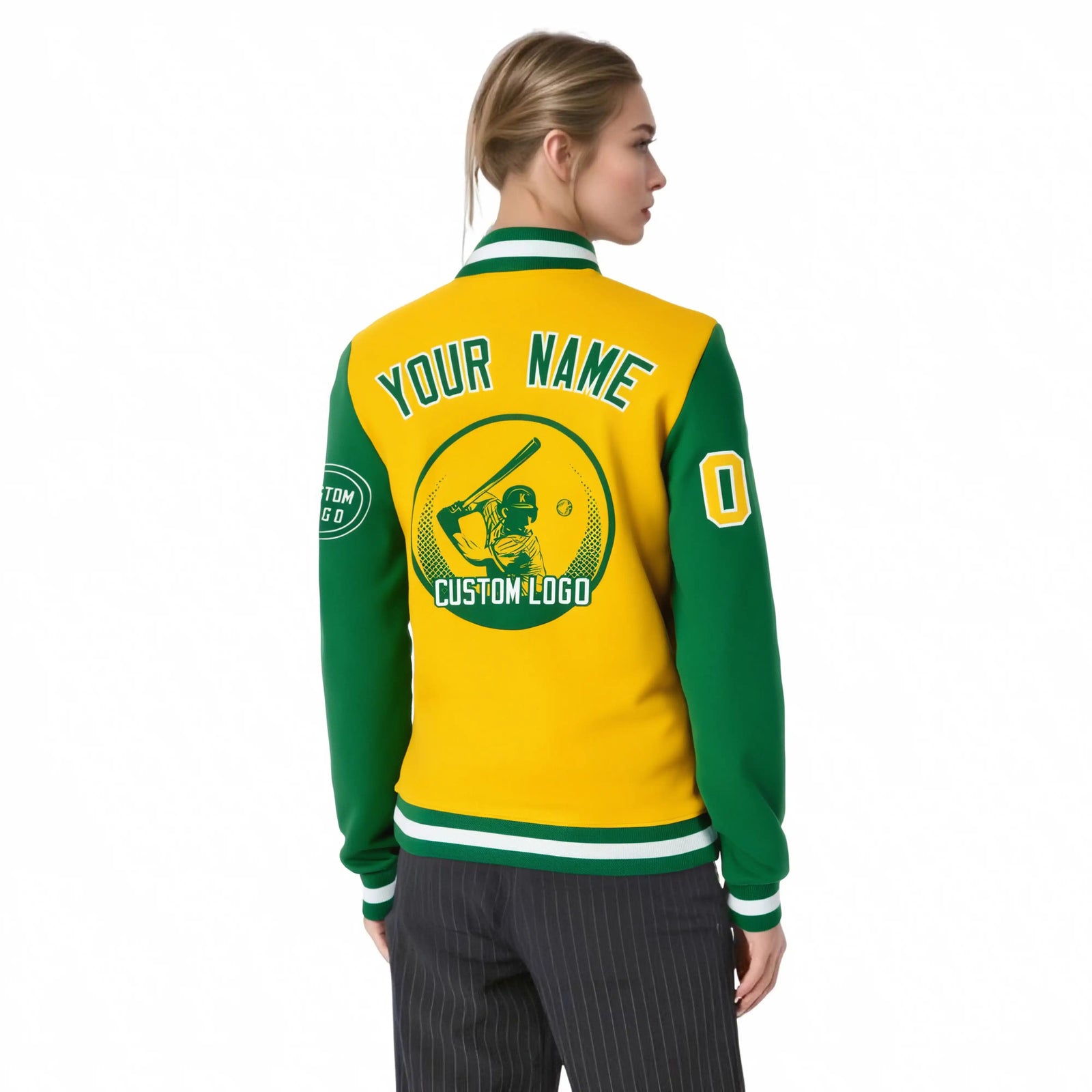 Custom Gold-1 Kelly Green Bomber Full-Snap Varsity Letterman Two Tone Jacket
