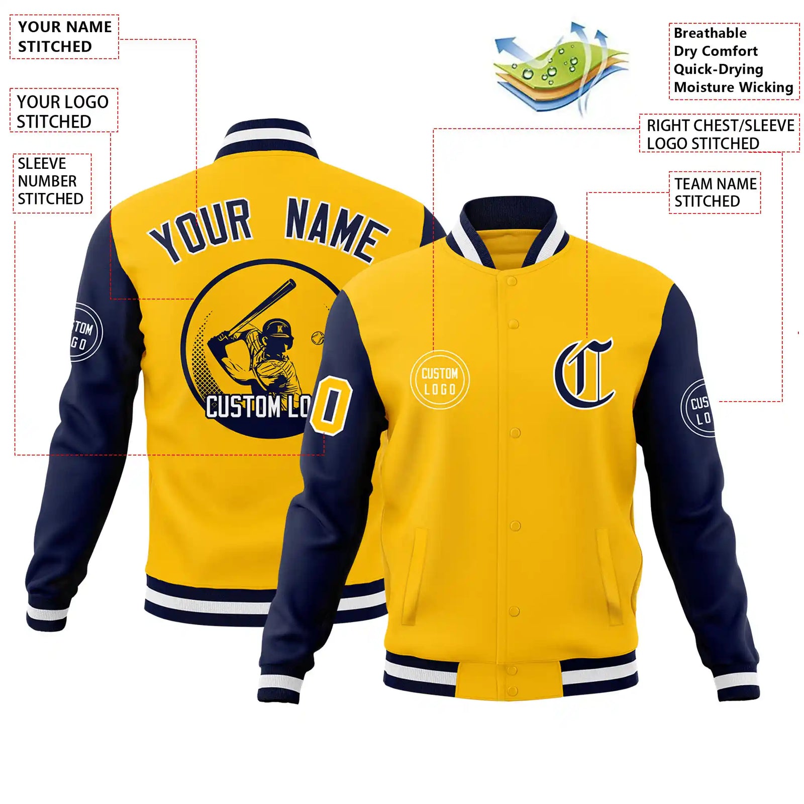 Custom Gold-1 Navy Bomber Full-Snap Varsity Letterman Two Tone Jacket