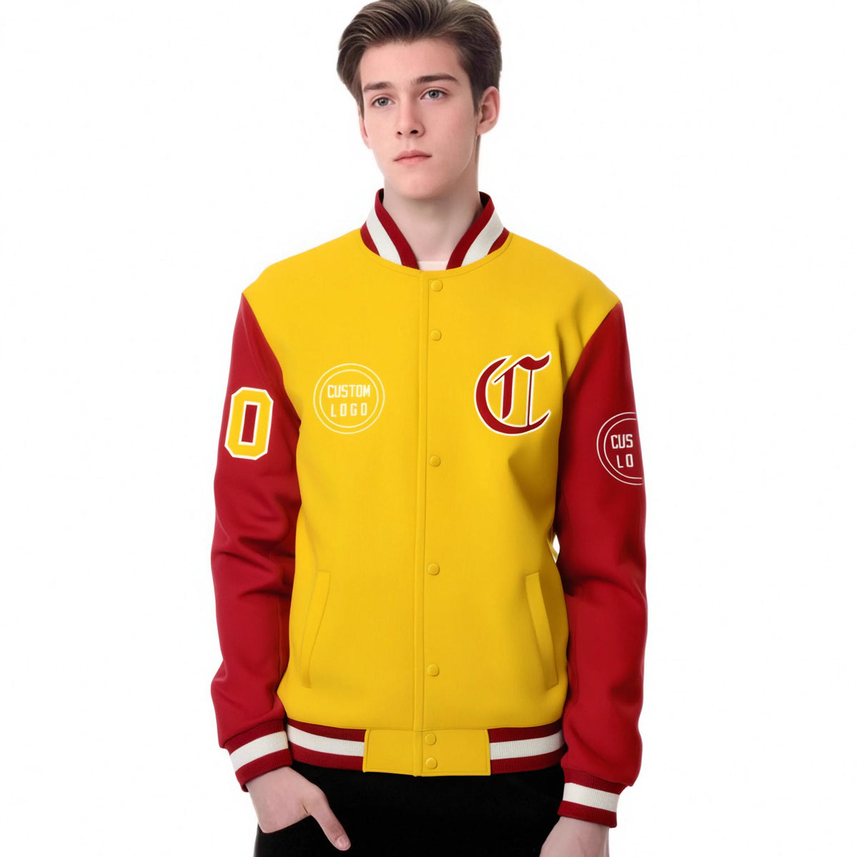 Custom Gold-1 Red Bomber Full-Snap Varsity Letterman Two Tone Jacket