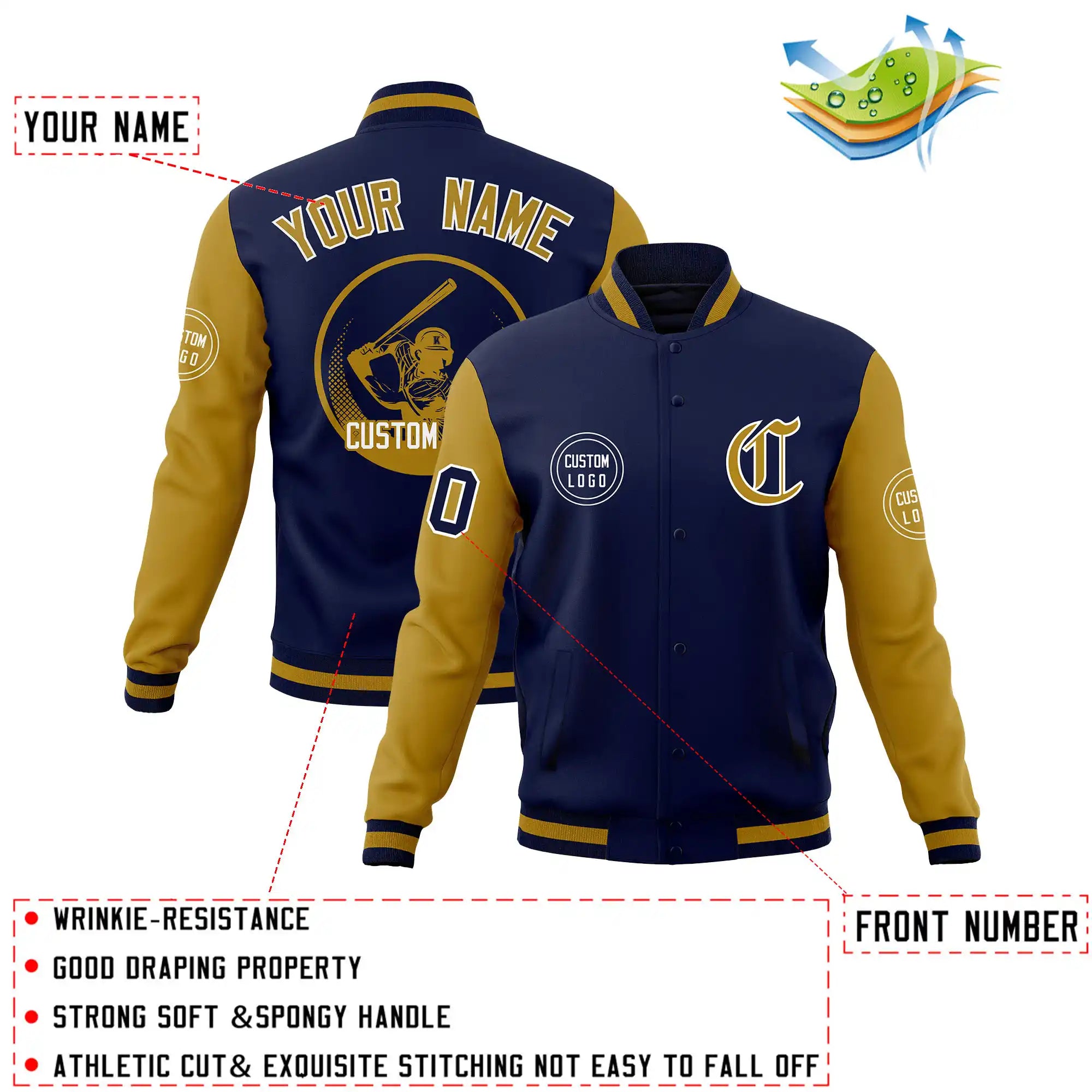 Custom Navy Old-Gold Bomber Full-Snap Varsity Letterman Two Tone Jacket