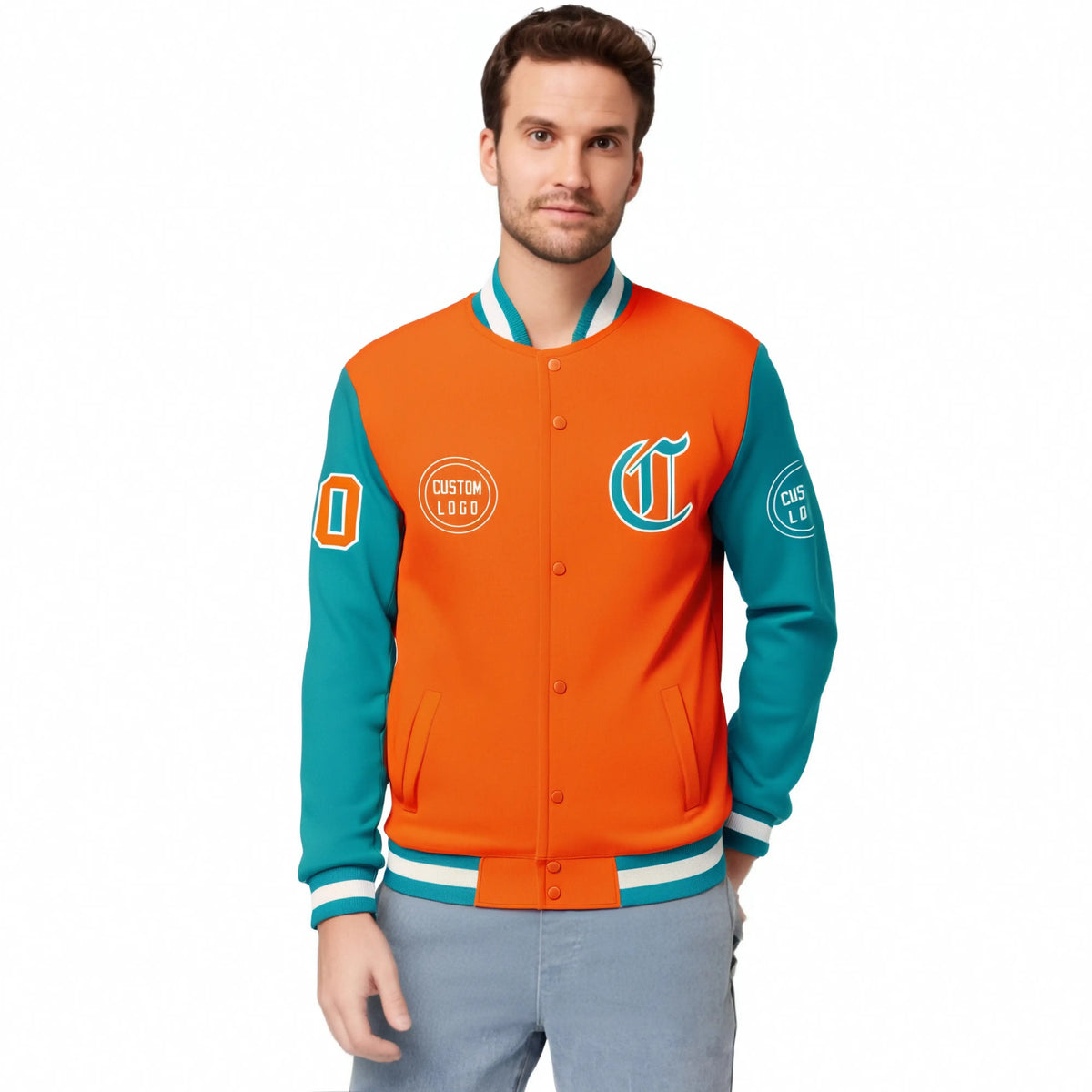 Custom Orange Aqua Bomber Full-Snap Varsity Letterman Two Tone Jacket