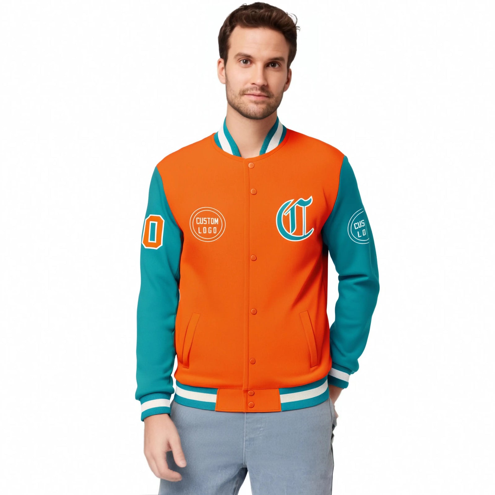 Custom Orange Aqua Bomber Full-Snap Varsity Letterman Two Tone Jacket