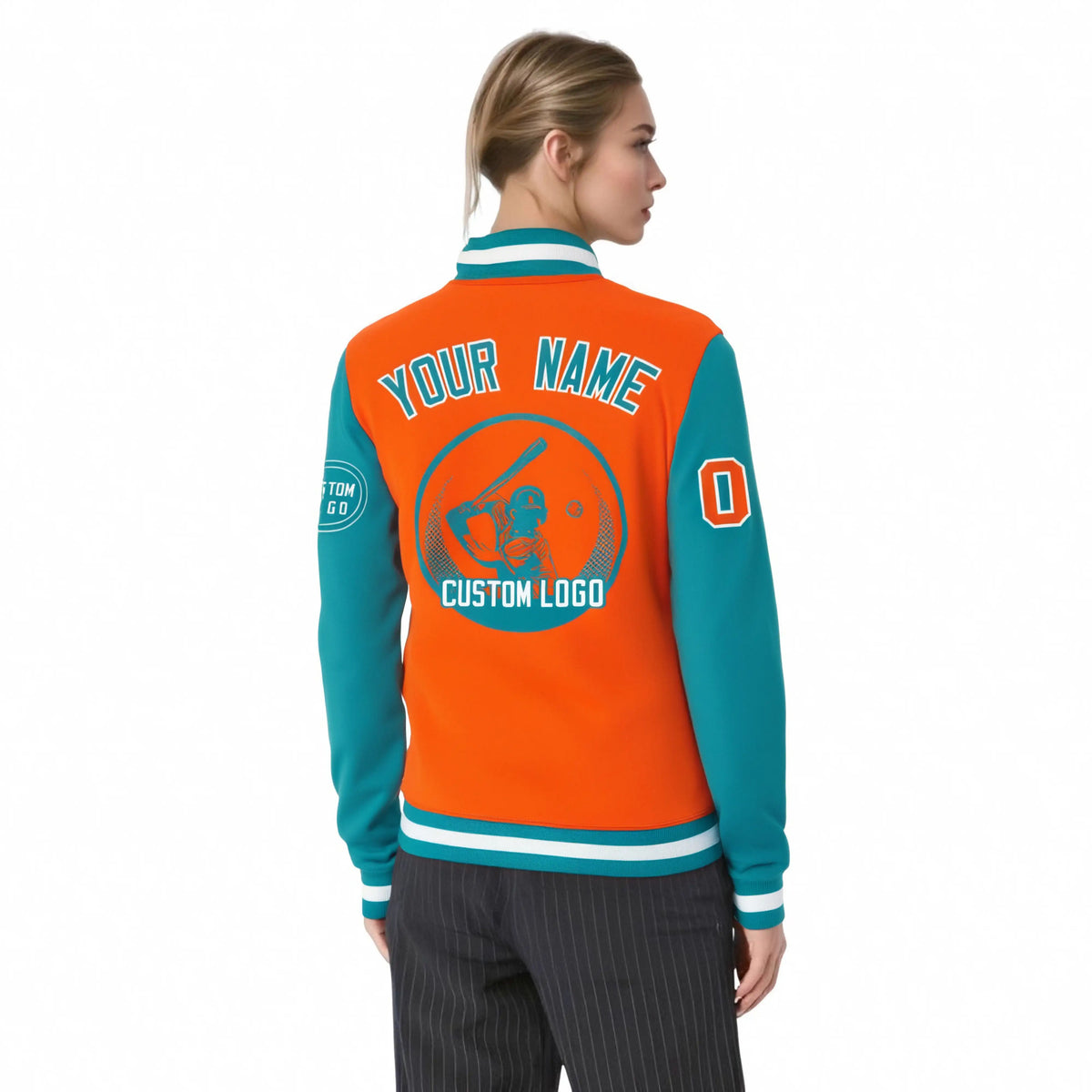 Custom Orange Aqua Bomber Full-Snap Varsity Letterman Two Tone Jacket