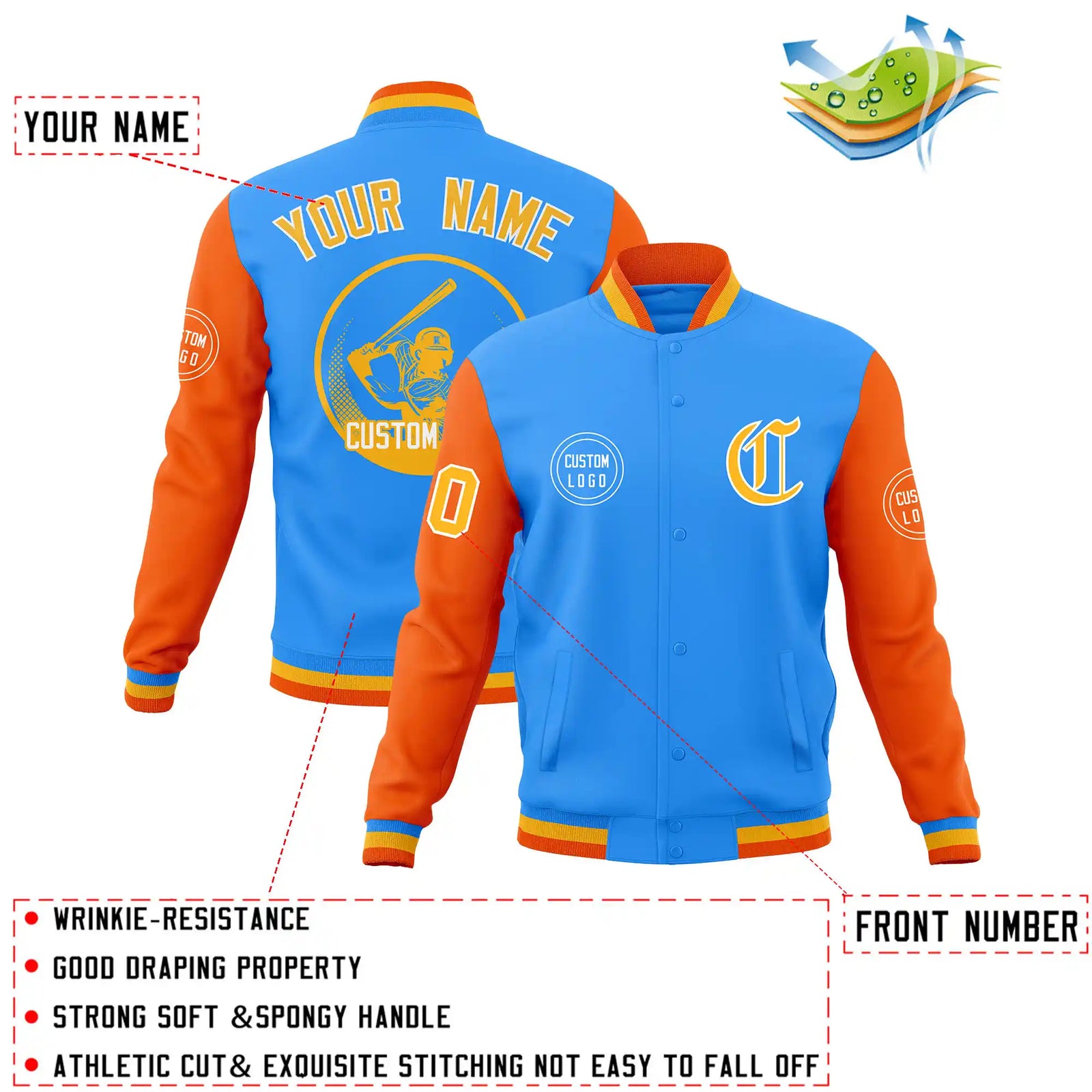 Custom Powder Blue Orange Bomber Full-Snap Varsity Letterman Two Tone Jacket