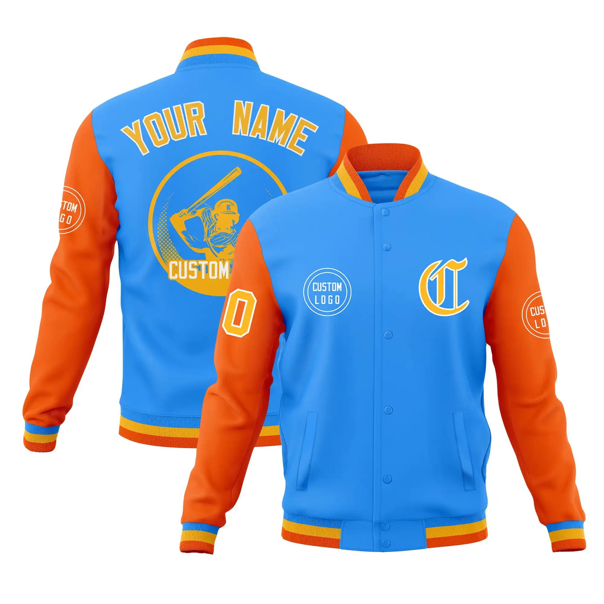 Custom Powder Blue Orange Bomber Full-Snap Varsity Letterman Two Tone Jacket