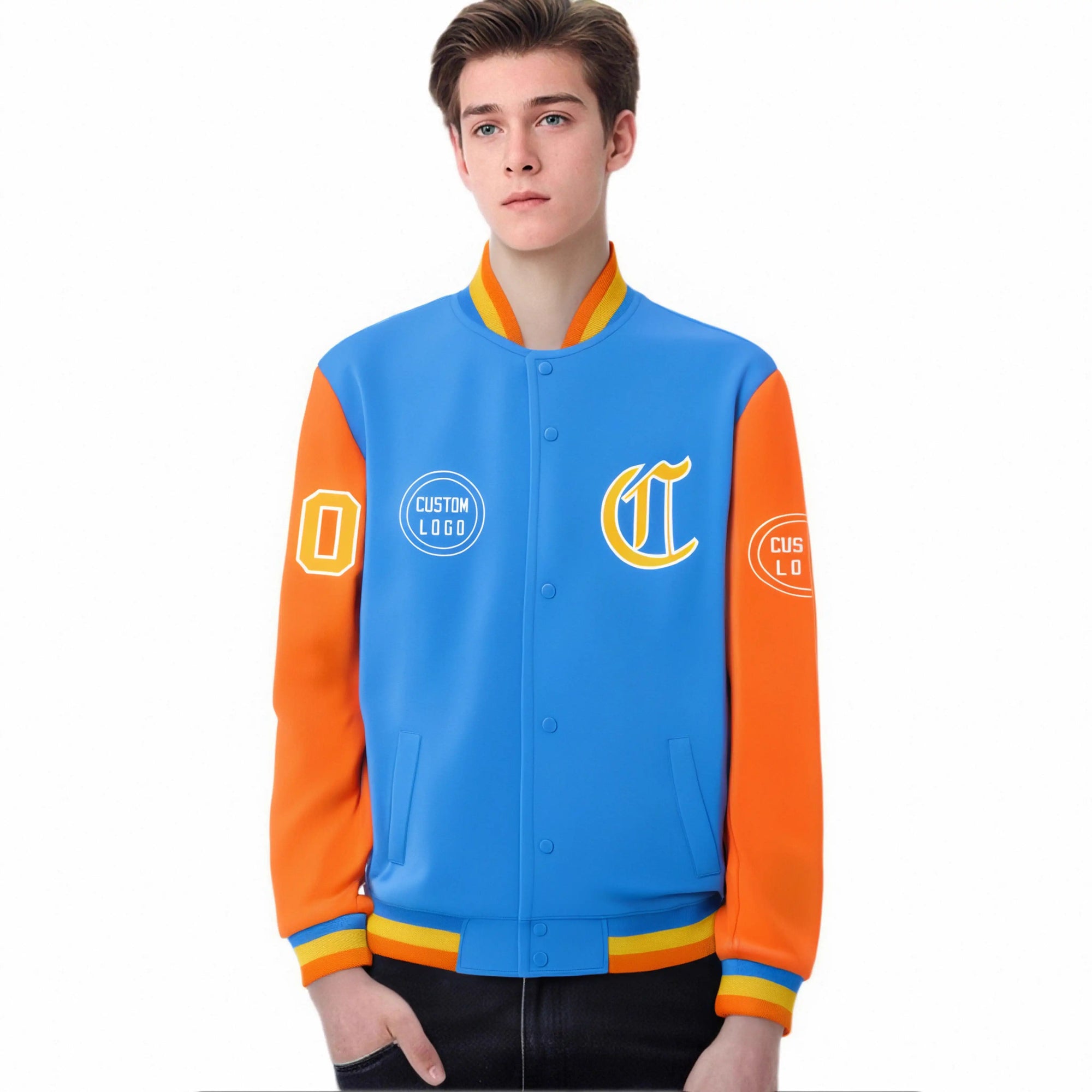 Custom Powder Blue Orange Bomber Full-Snap Varsity Letterman Two Tone Jacket