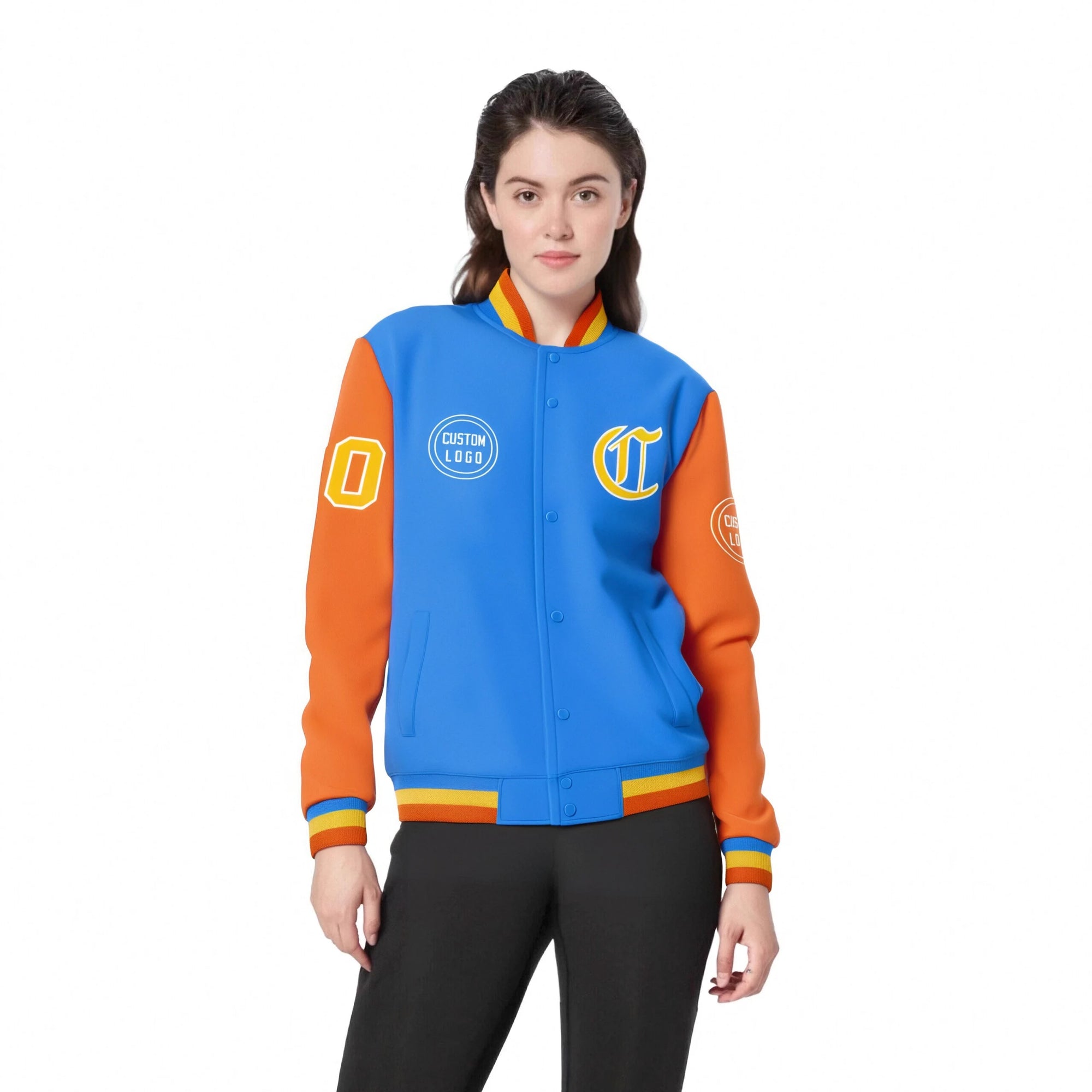 Custom Powder Blue Orange Bomber Full-Snap Varsity Letterman Two Tone Jacket