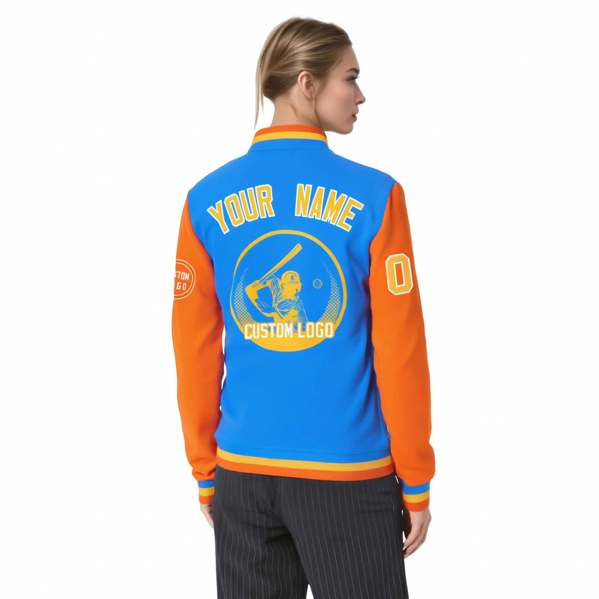 Custom Powder Blue Orange Bomber Full-Snap Varsity Letterman Two Tone Jacket