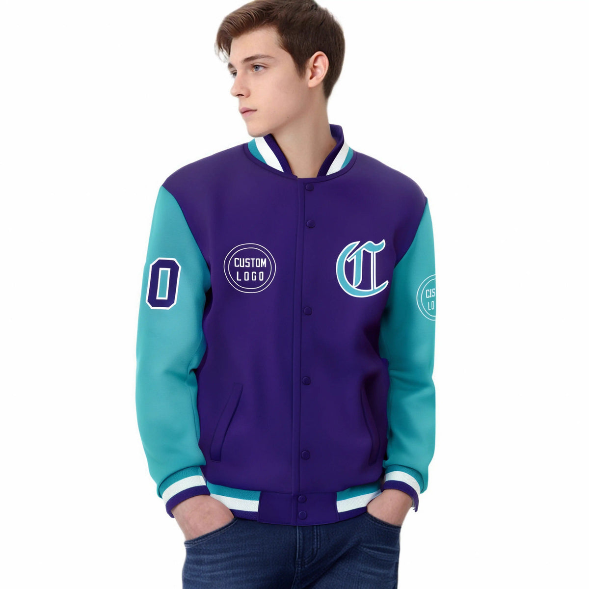 Custom Purple Aqua Bomber Full-Snap Varsity Letterman Two Tone Jacket