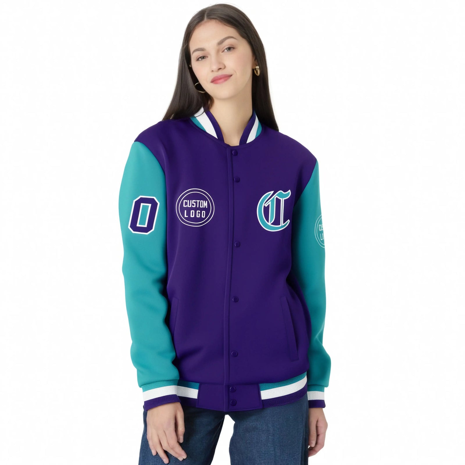Custom Purple Aqua Bomber Full-Snap Varsity Letterman Two Tone Jacket