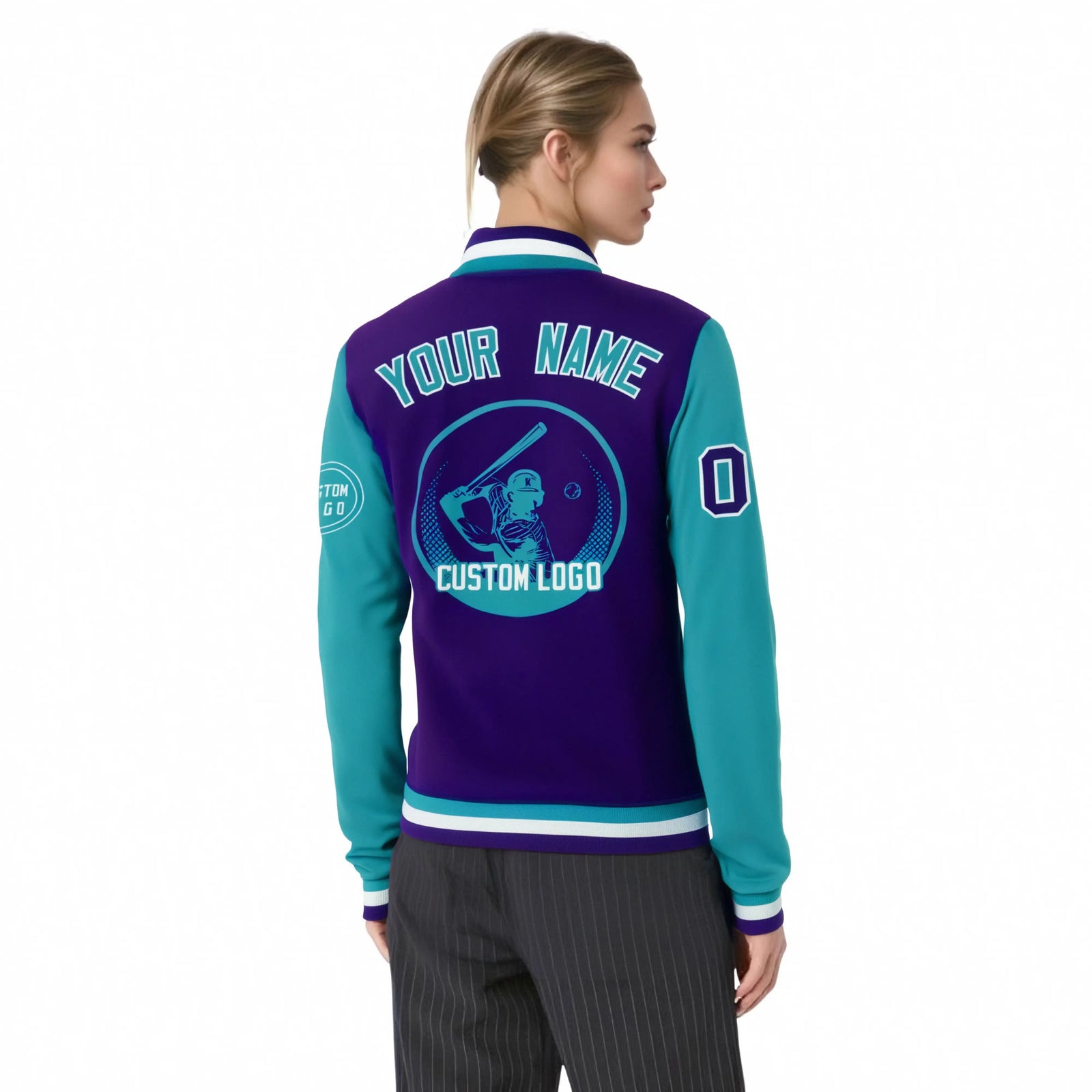 Custom Purple Aqua Bomber Full-Snap Varsity Letterman Two Tone Jacket