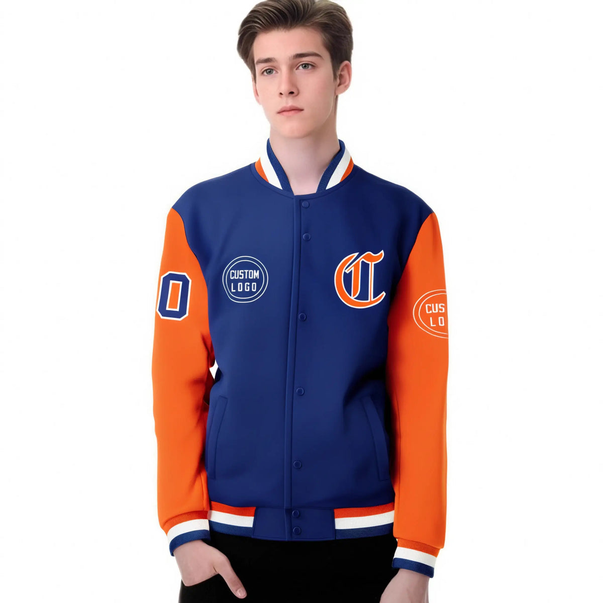 Custom Royal Blue Orange Bomber Full-Snap Varsity Letterman Two Tone Jacket