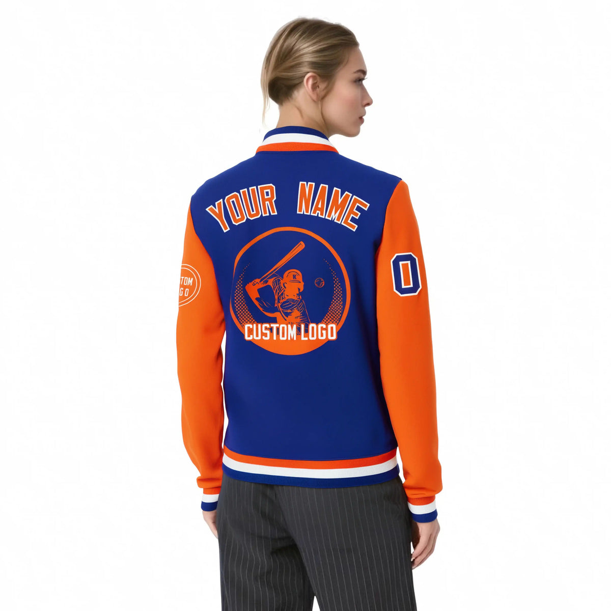 Custom Royal Blue Orange Bomber Full-Snap Varsity Letterman Two Tone Jacket