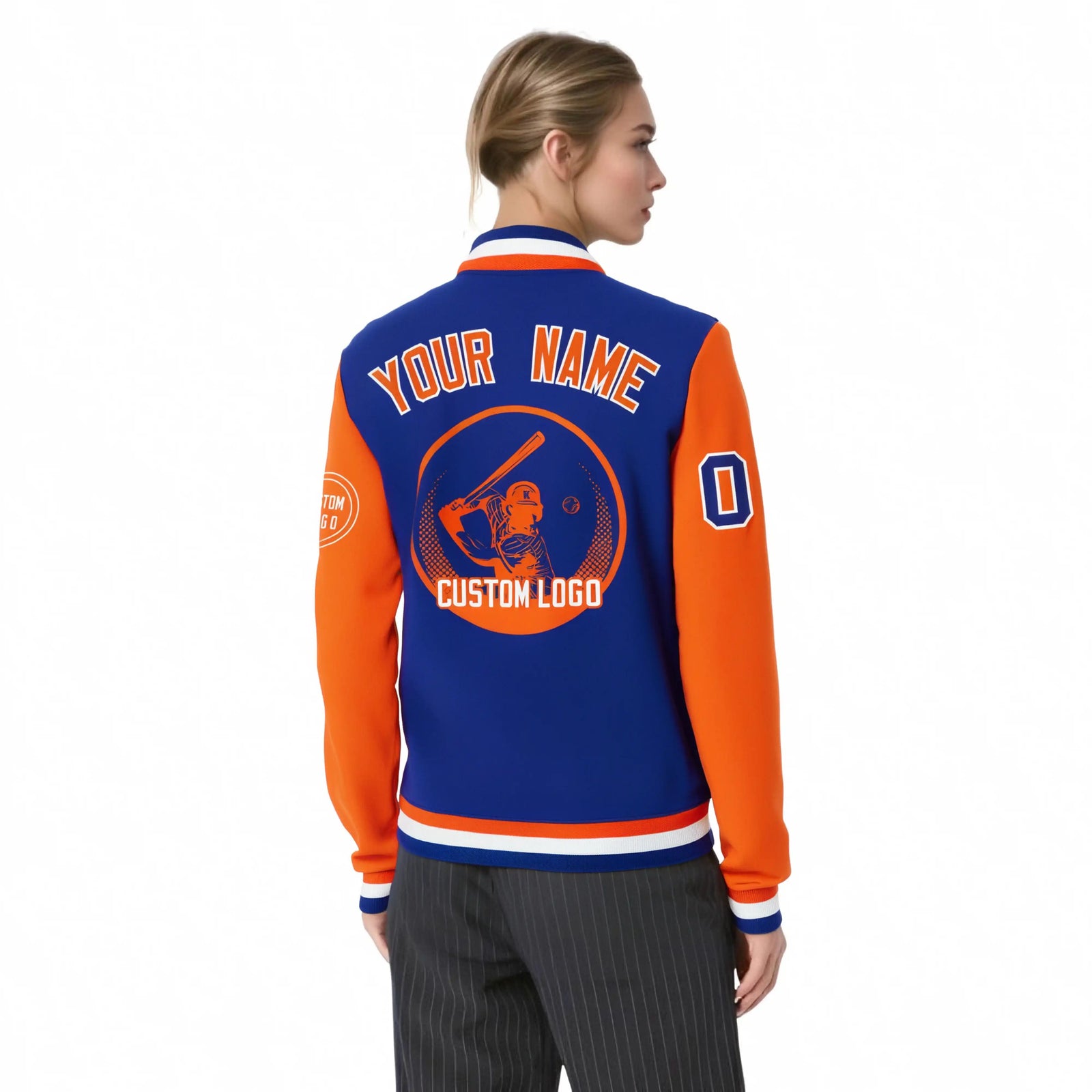 Custom Royal Blue Orange Bomber Full-Snap Varsity Letterman Two Tone Jacket