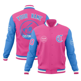 Chaqueta bomber universitaria bicolor personalizada, color rosa y azul claro, con cierre completo y estilo Letterman