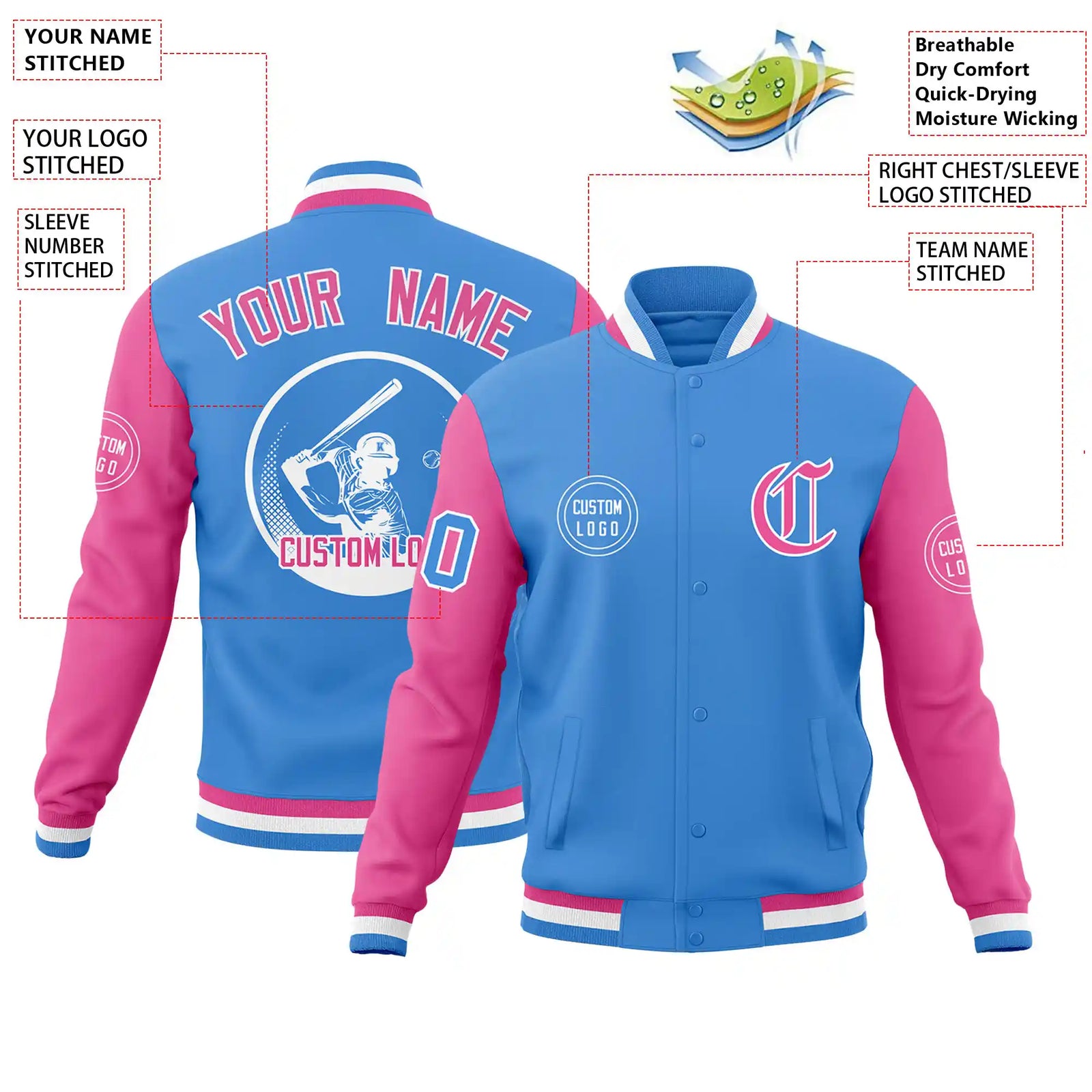 Custom Powder Blue Pink Bomber Full-Snap Varsity Letterman Two Tone Jacket