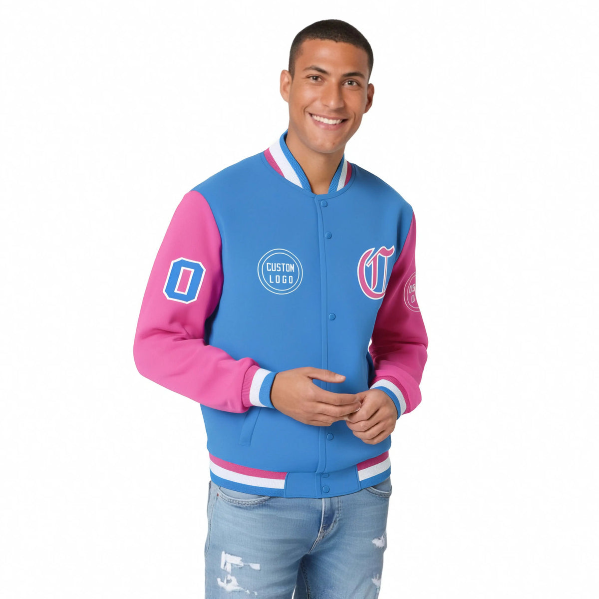 Custom Powder Blue Pink Bomber Full-Snap Varsity Letterman Two Tone Jacket