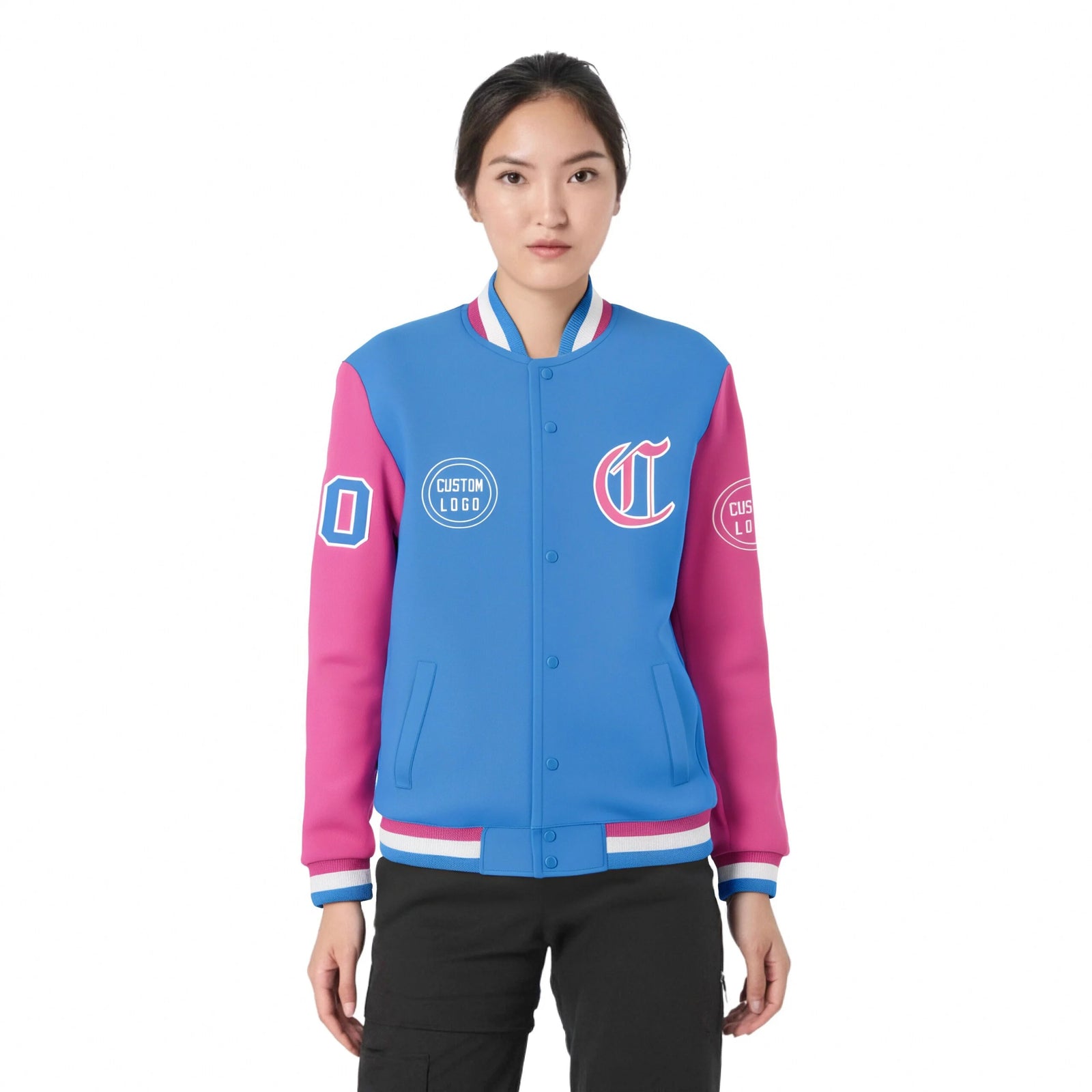 Custom Powder Blue Pink Bomber Full-Snap Varsity Letterman Two Tone Jacket