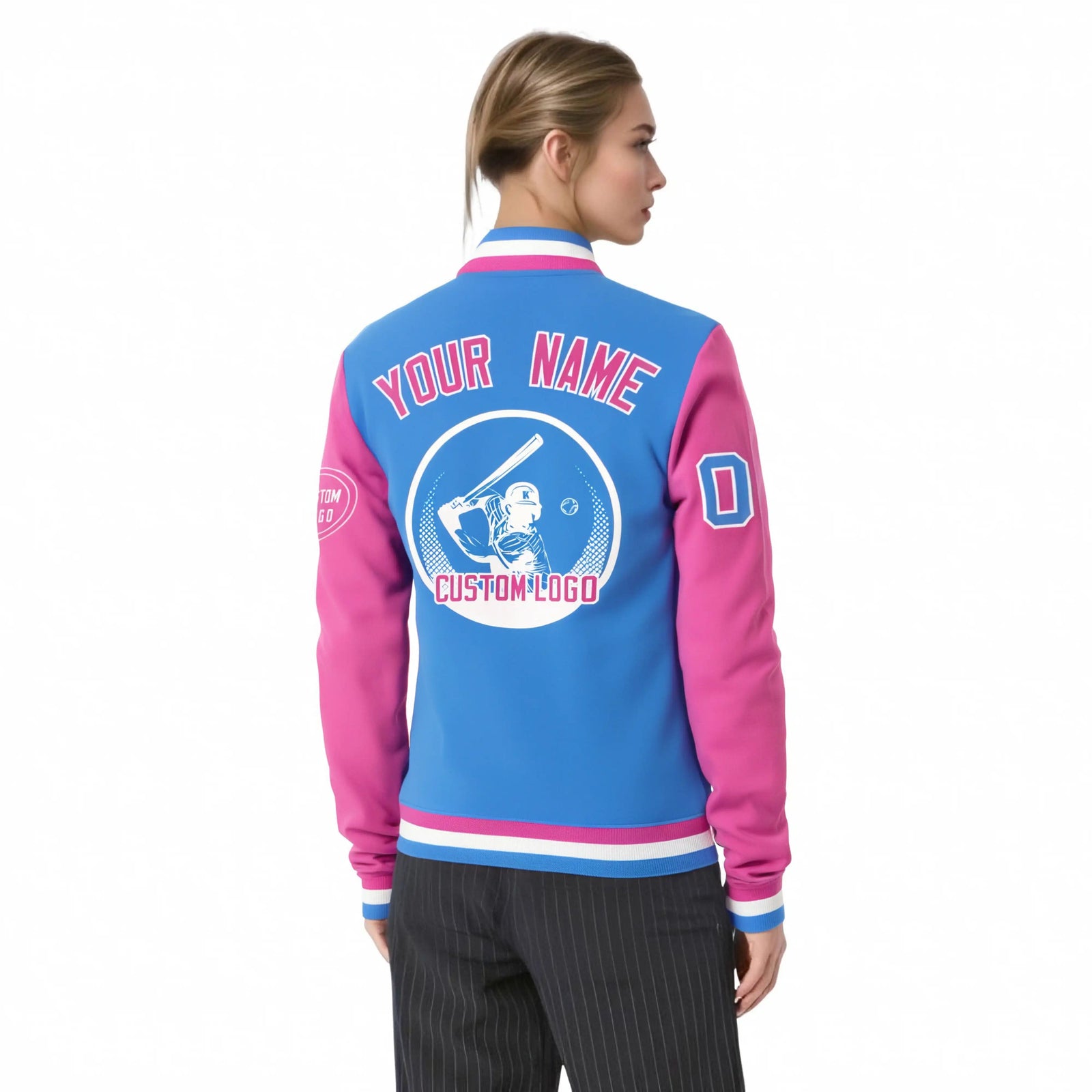 Custom Powder Blue Pink Bomber Full-Snap Varsity Letterman Two Tone Jacket