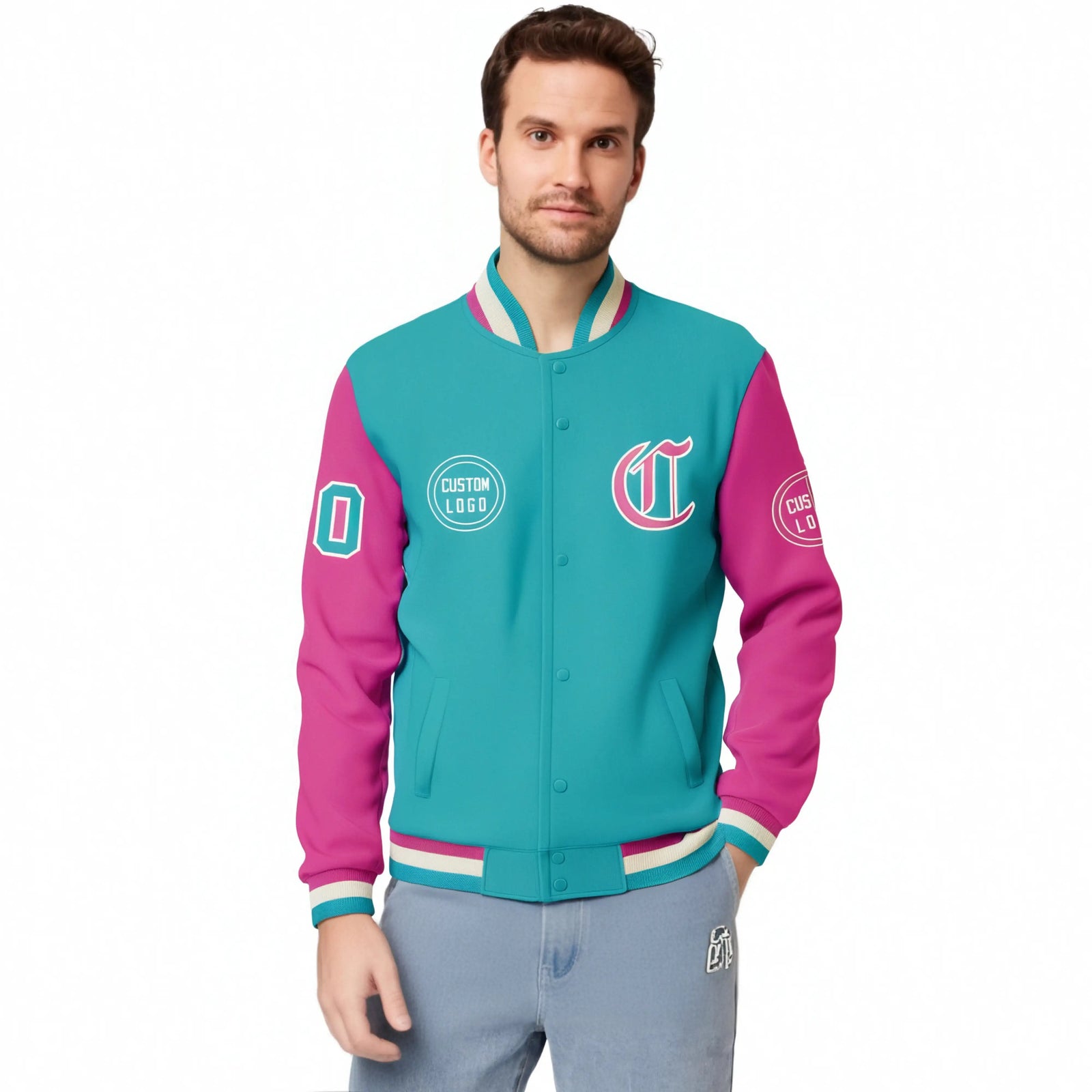 Custom Bright Green Pink Bomber Full-Snap Varsity Letterman Two Tone Jacket
