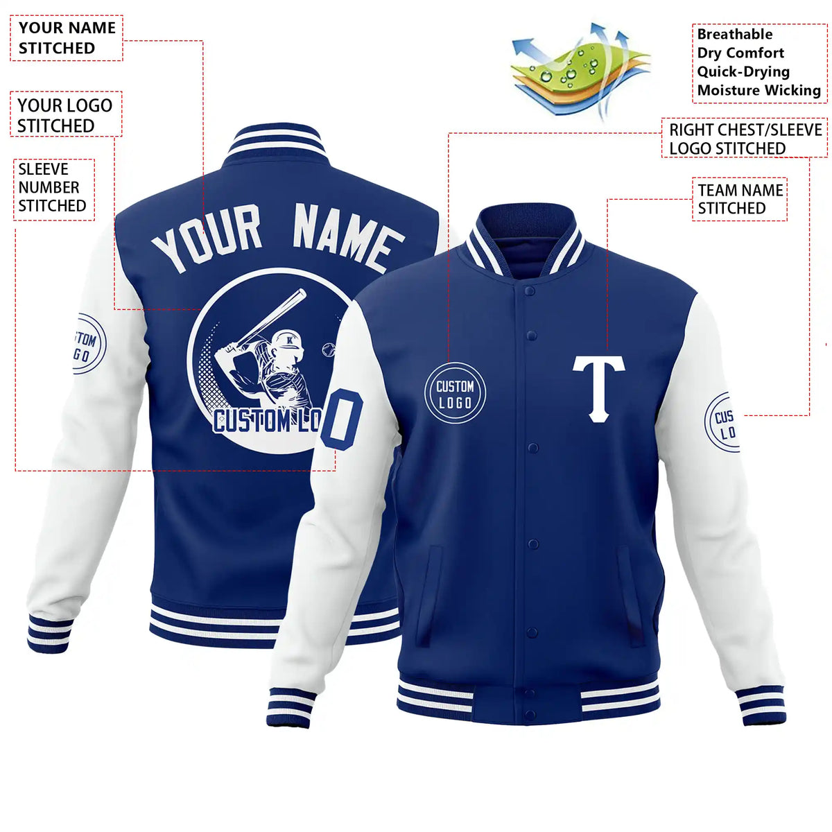 Custom Royal Blue White Bomber Full-Snap Varsity Letterman Two Tone Jacket