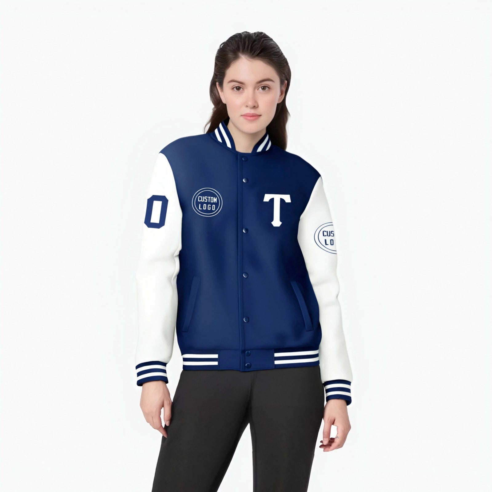 Custom Royal Blue White Bomber Full-Snap Varsity Letterman Two Tone Jacket
