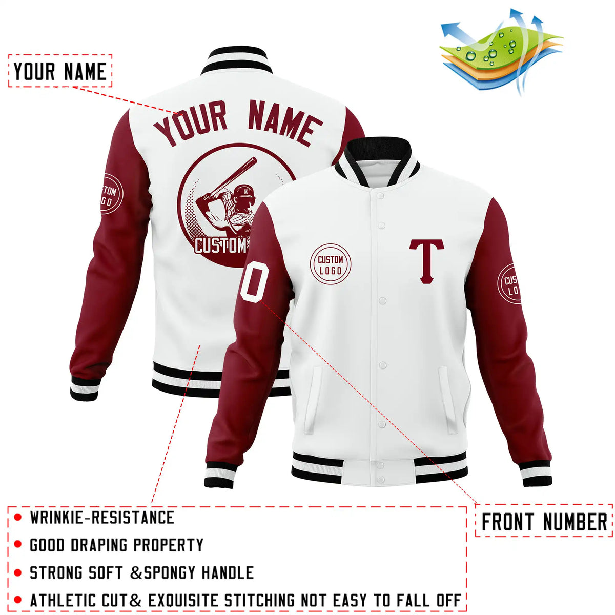 Custom White Crimson Bomber Full-Snap Varsity Letterman Two Tone Jacket
