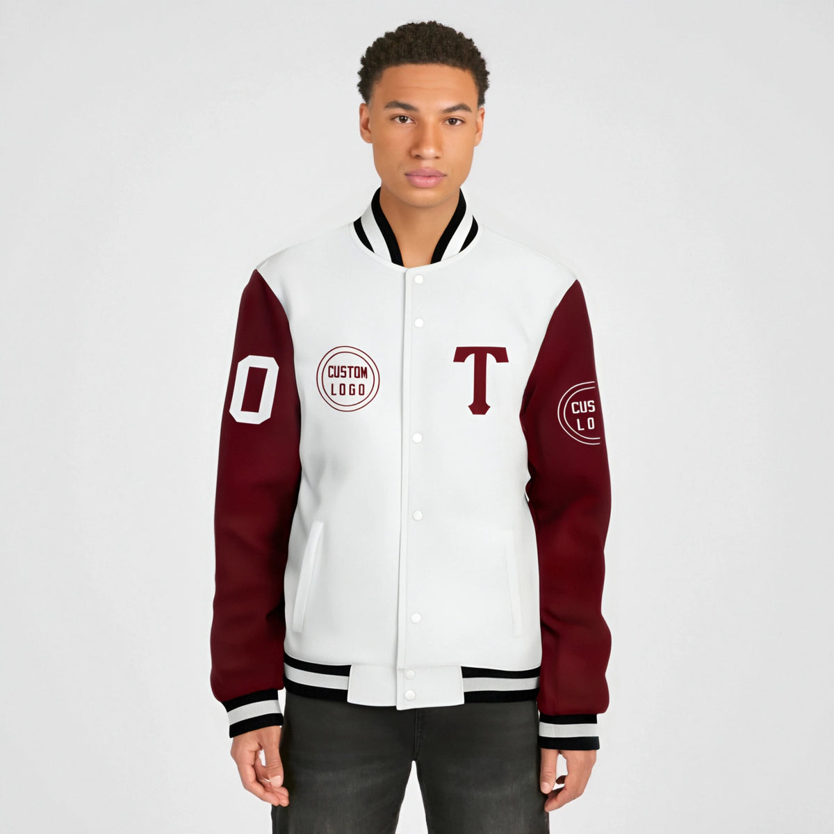 Custom White Crimson Bomber Full-Snap Varsity Letterman Two Tone Jacket