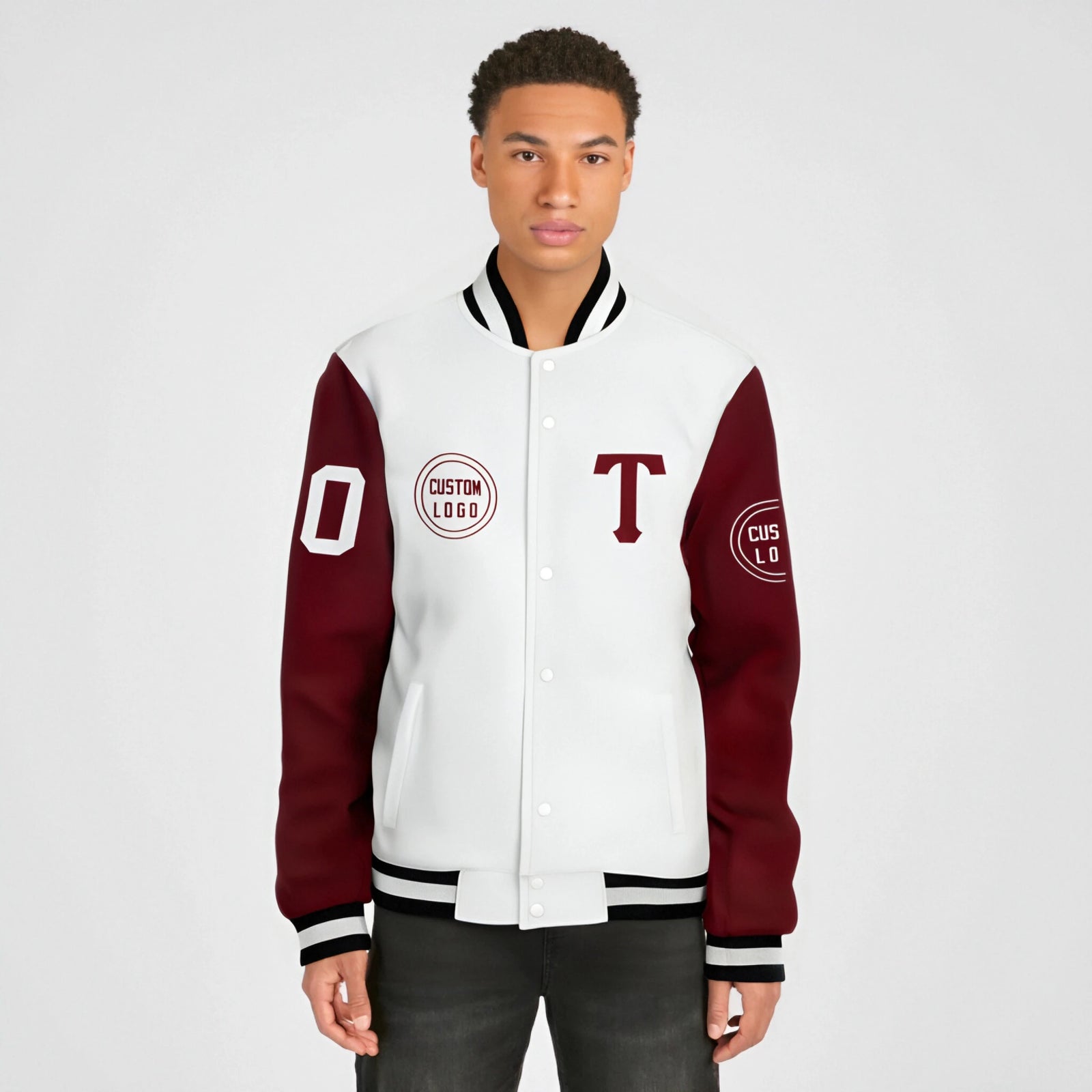 Custom White Crimson Bomber Full-Snap Varsity Letterman Two Tone Jacket