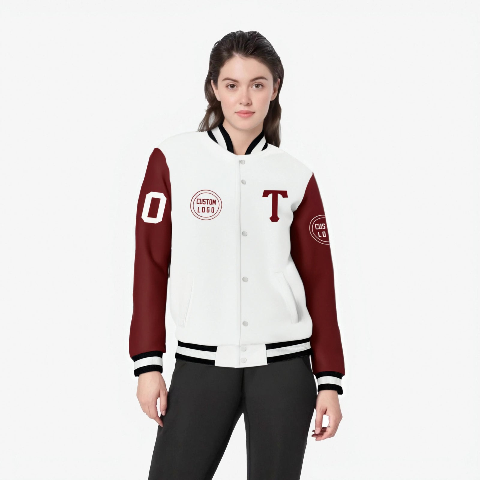 Custom White Crimson Bomber Full-Snap Varsity Letterman Two Tone Jacket