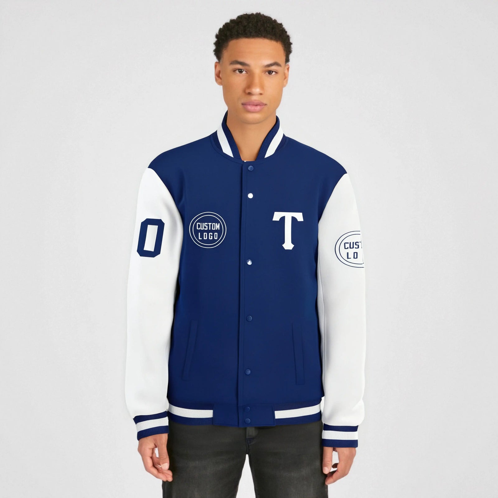 Custom Royal Blue White Bomber Full-Snap Varsity Letterman Two Tone Jacket