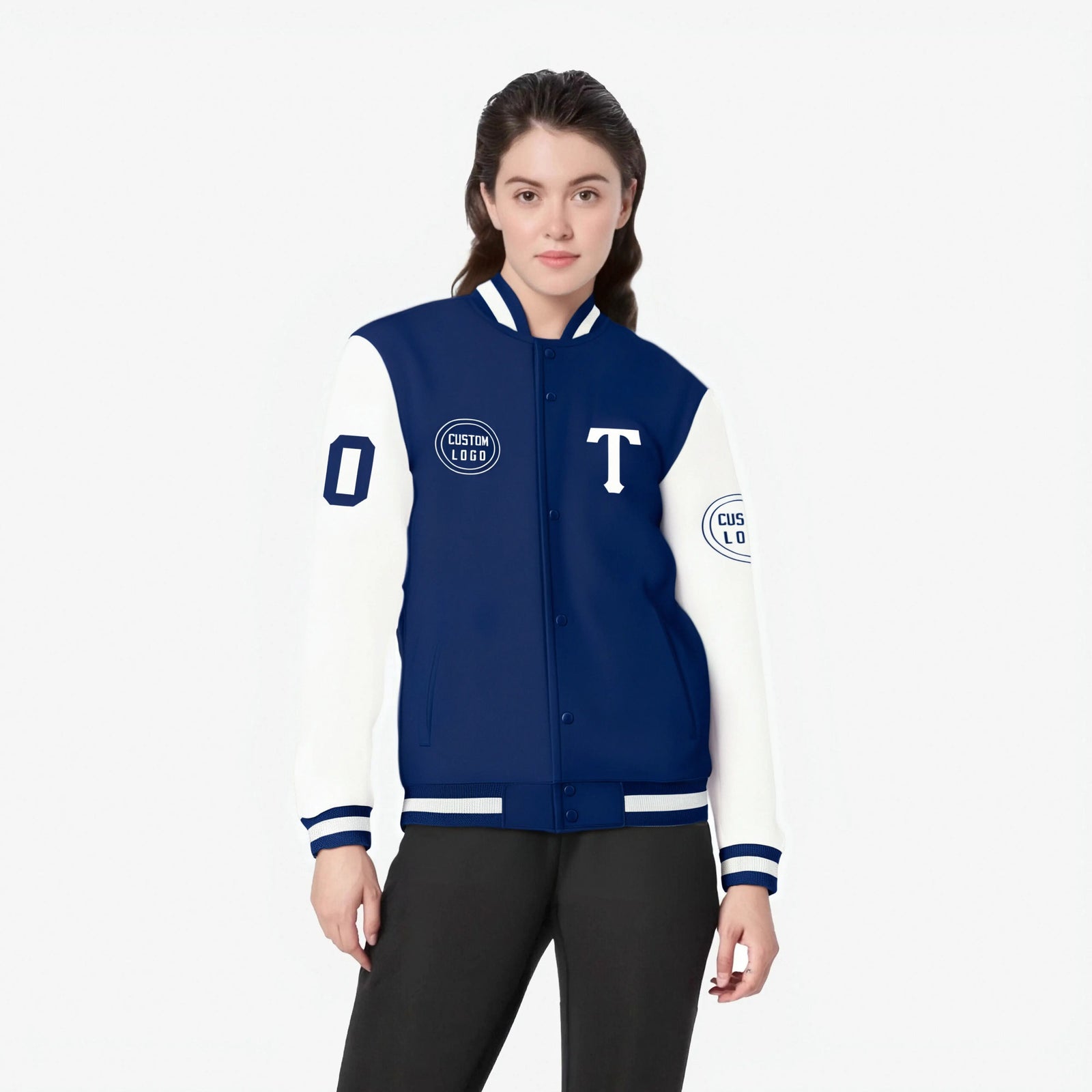 Custom Royal Blue White Bomber Full-Snap Varsity Letterman Two Tone Jacket