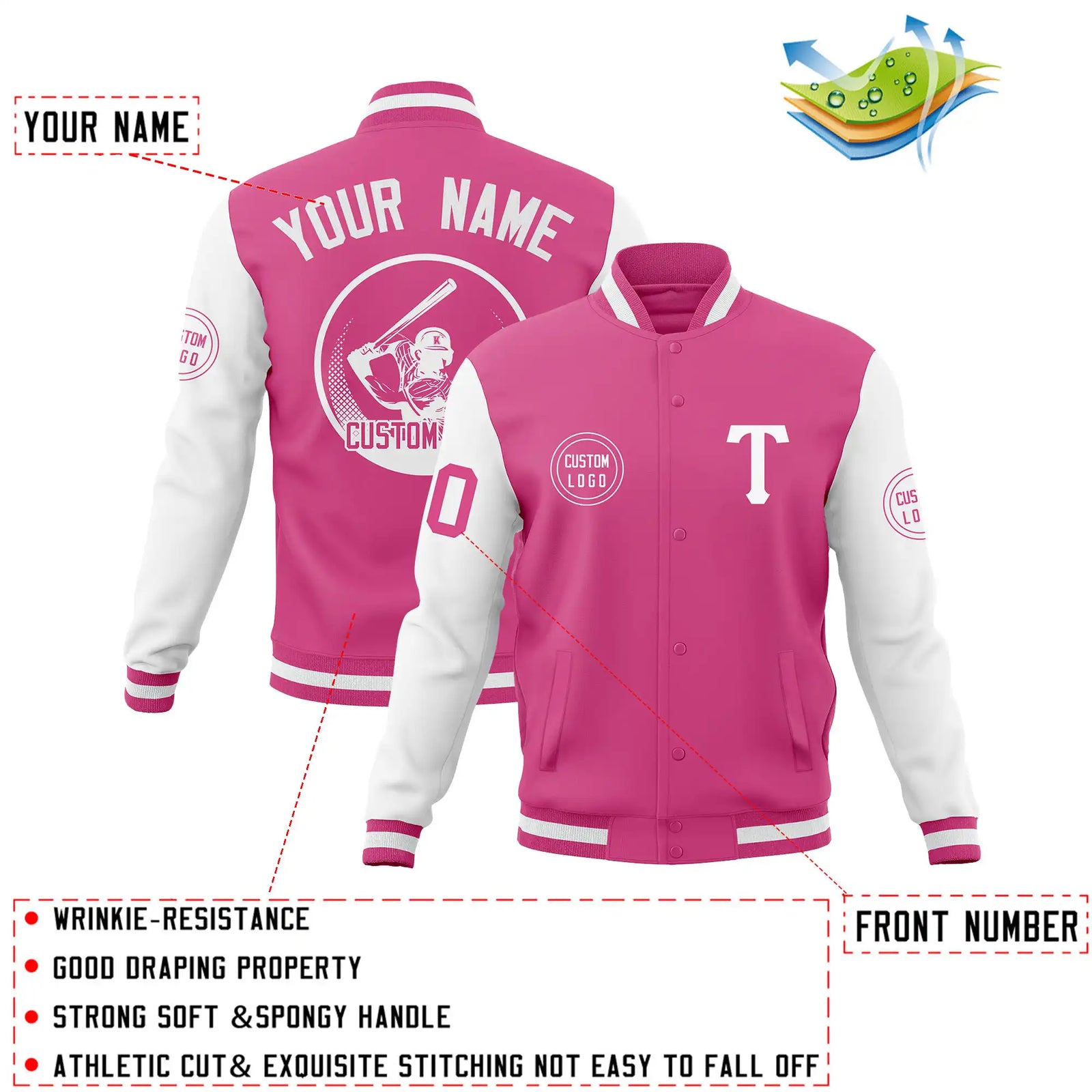 Custom Pink White Bomber Full-Snap Varsity Letterman Two Tone Jacket