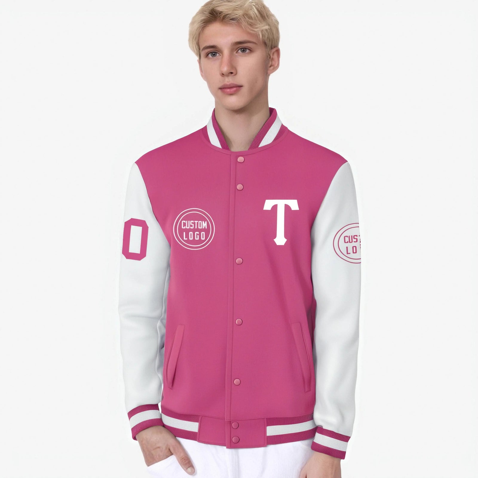 Custom Pink White Bomber Full-Snap Varsity Letterman Two Tone Jacket