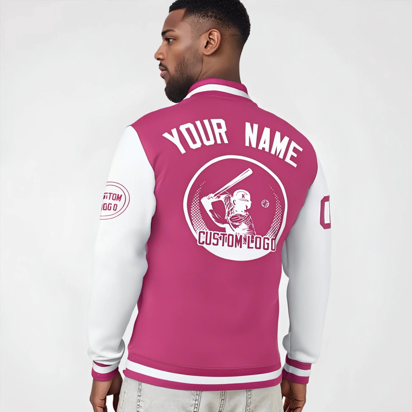 Custom Pink White Bomber Full-Snap Varsity Letterman Two Tone Jacket