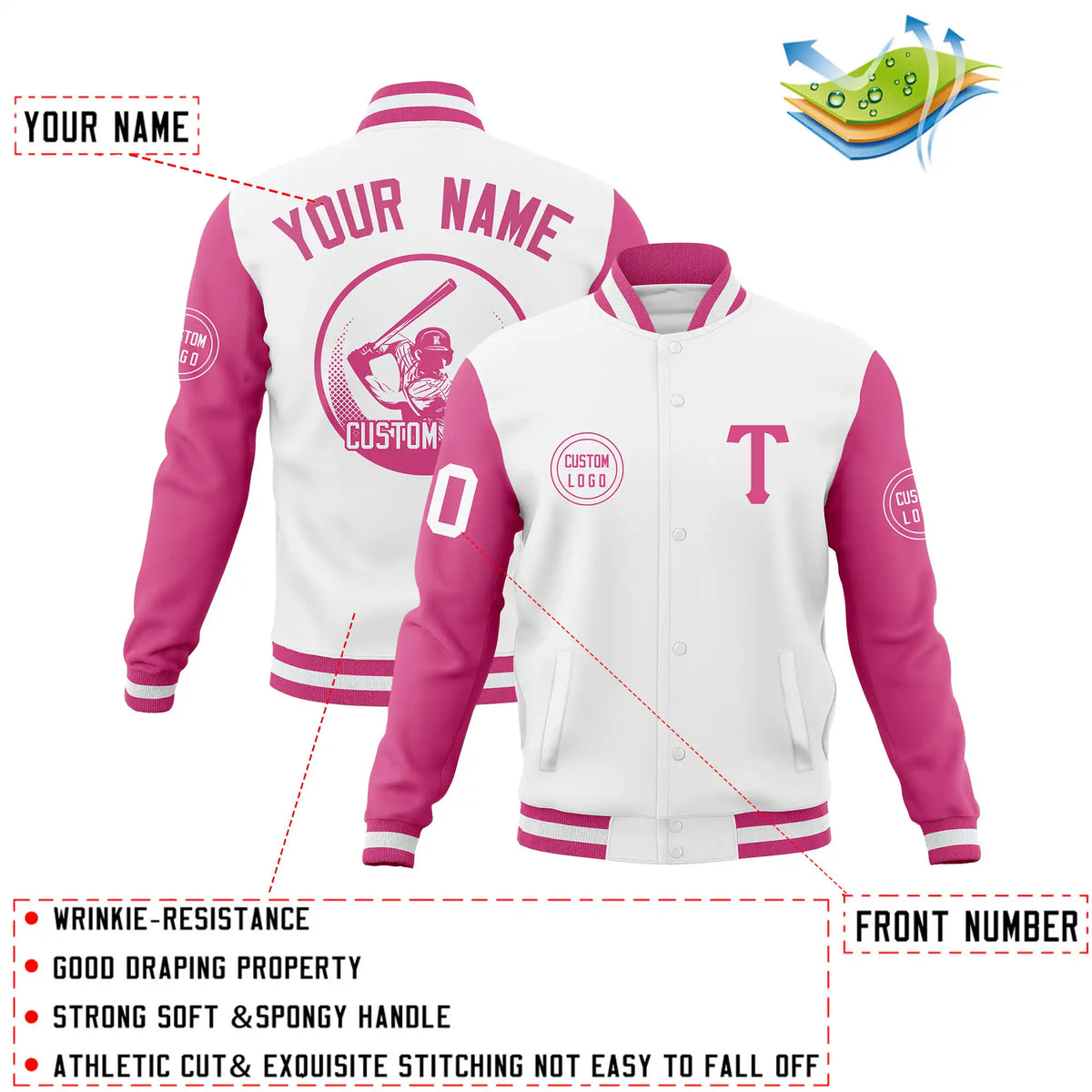Custom White Pink Bomber Full-Snap Varsity Letterman Two Tone Jacket