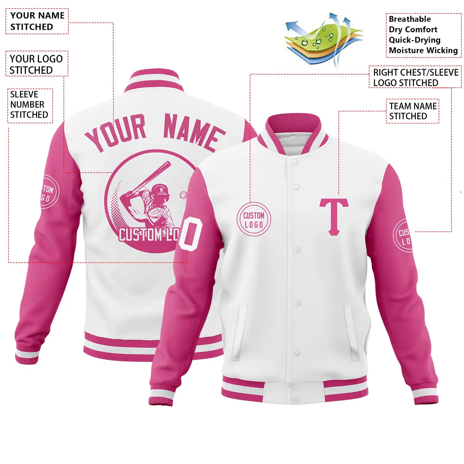 Custom White Pink Bomber Full-Snap Varsity Letterman Two Tone Jacket