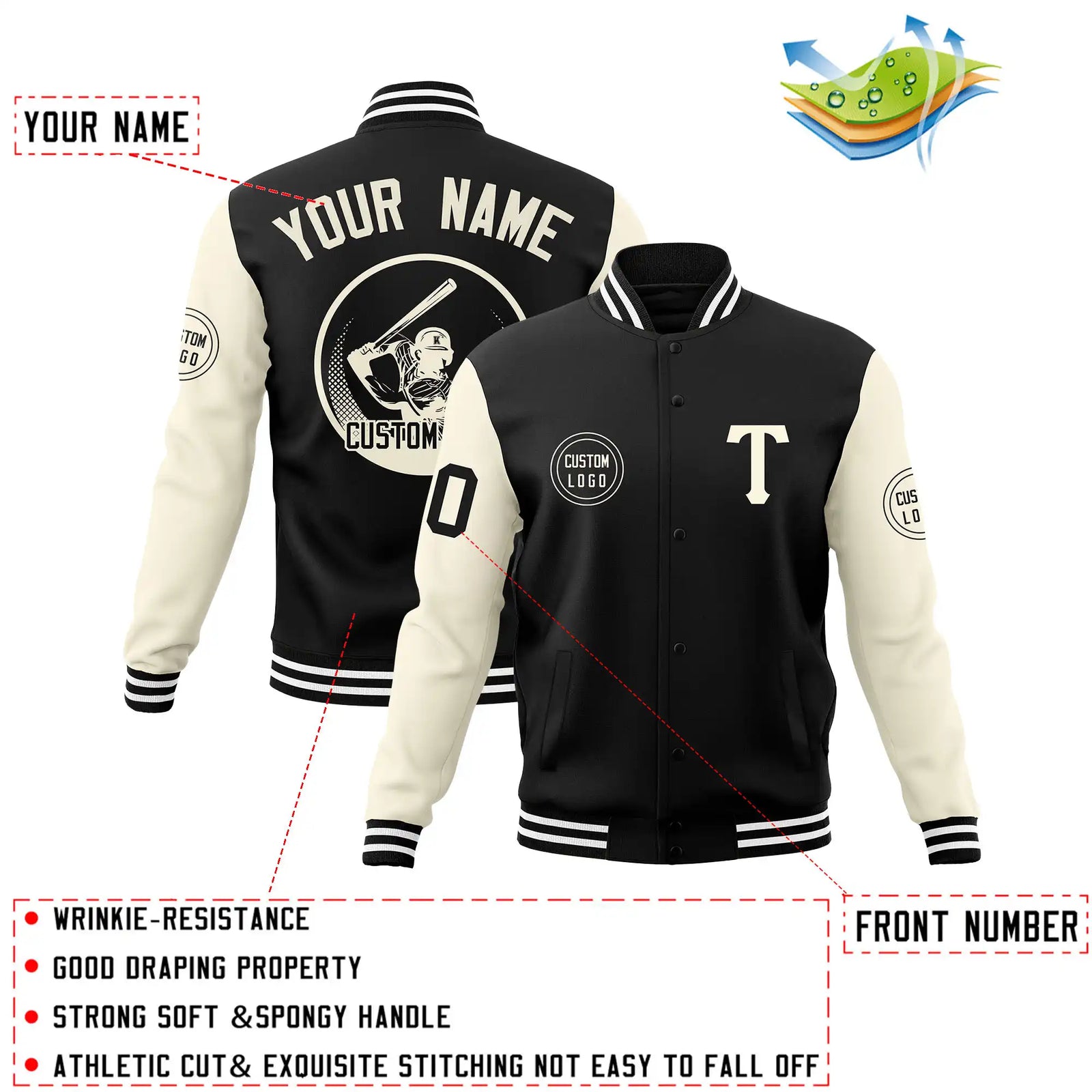 Custom Black Cream Bomber Full-Snap Varsity Letterman Two Tone Jacket