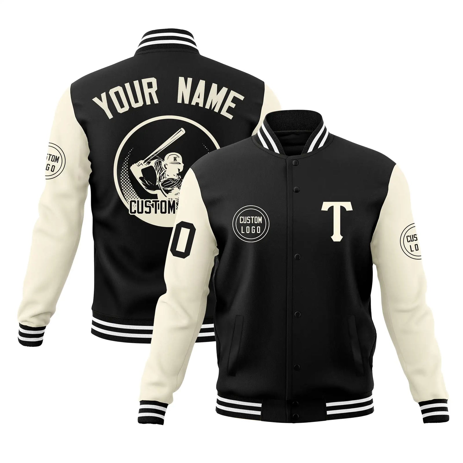 Custom Black Cream Bomber Full-Snap Varsity Letterman Two Tone Jacket