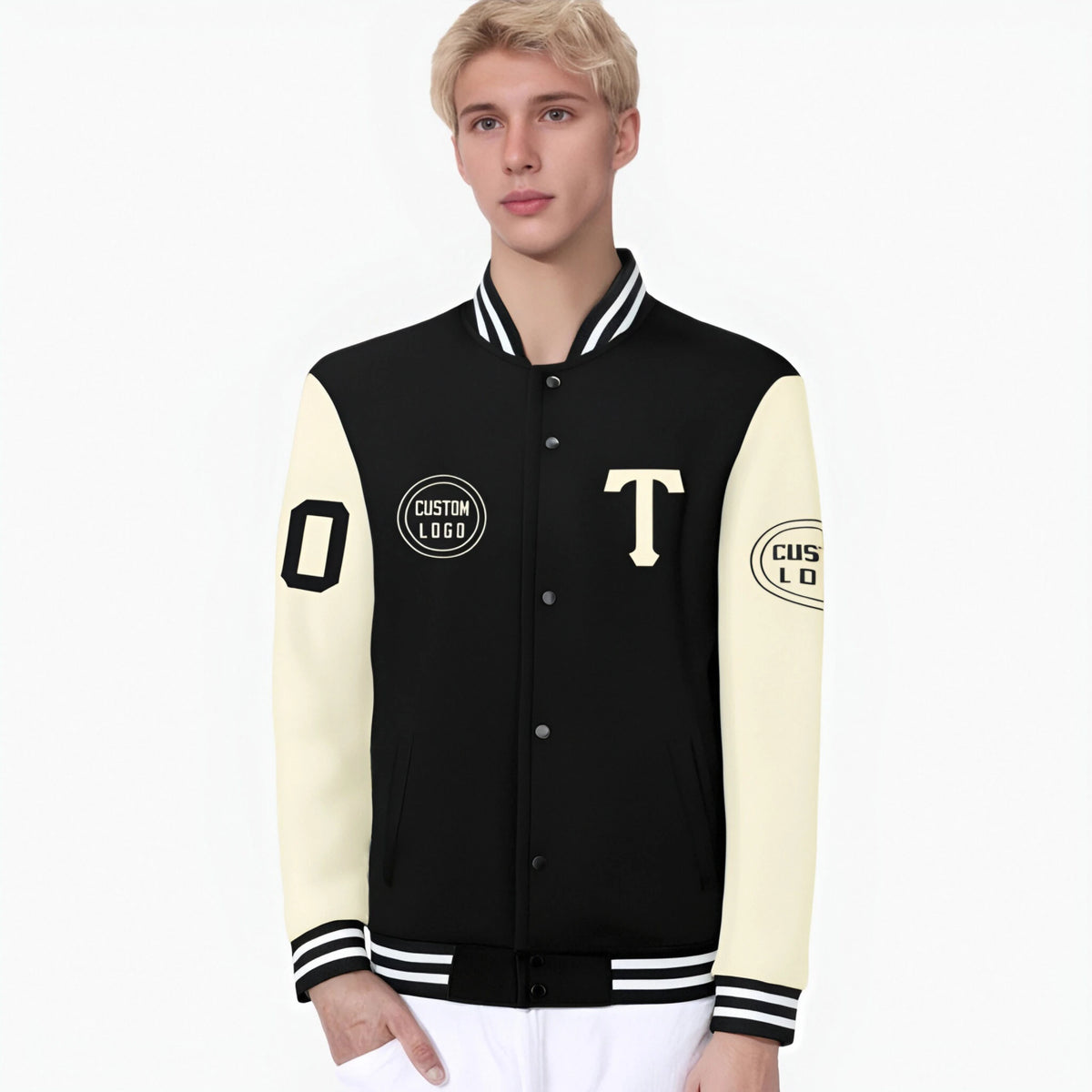 Custom Black Cream Bomber Full-Snap Varsity Letterman Two Tone Jacket
