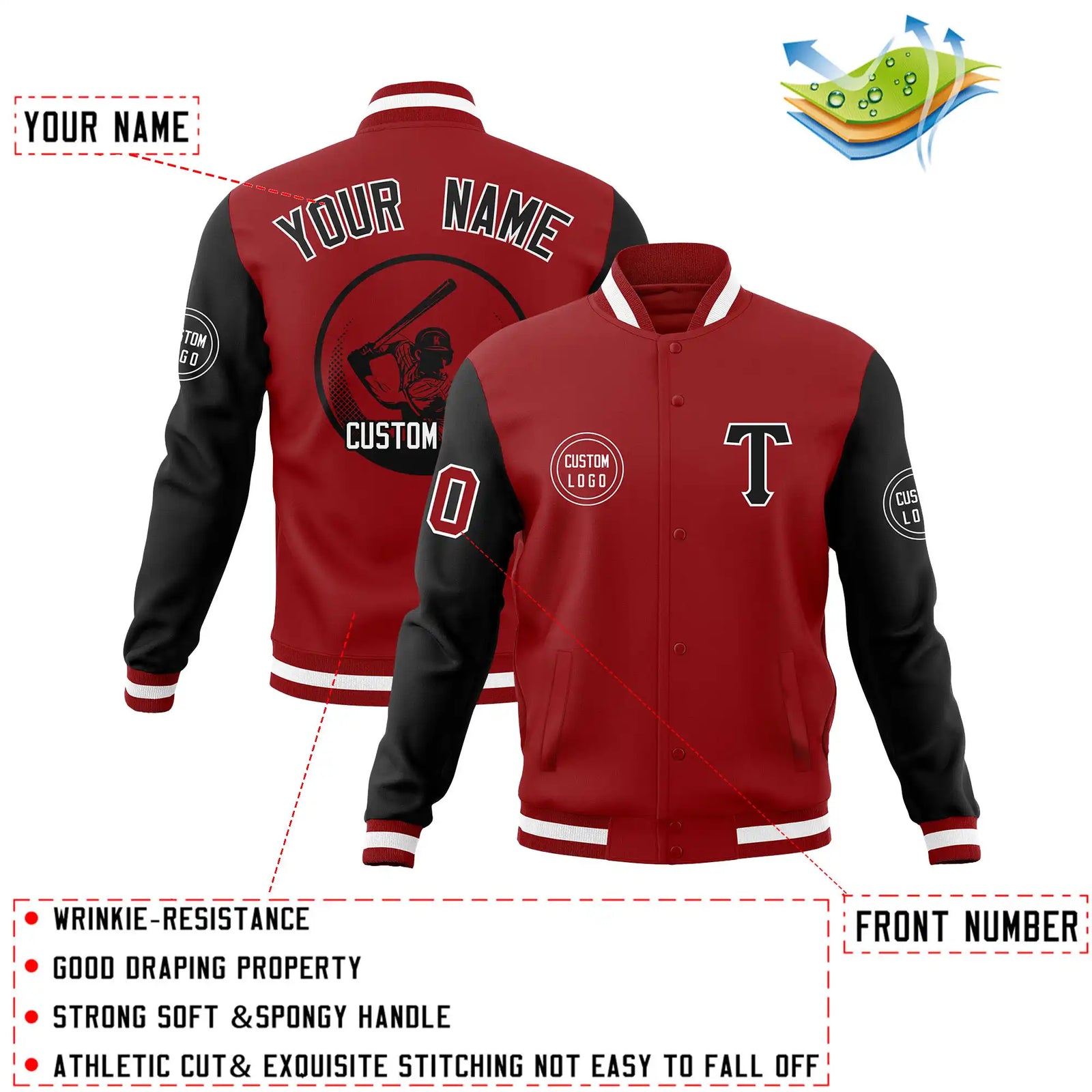 Custom Red Black Bomber Full-Snap Varsity Letterman Two Tone Jacket